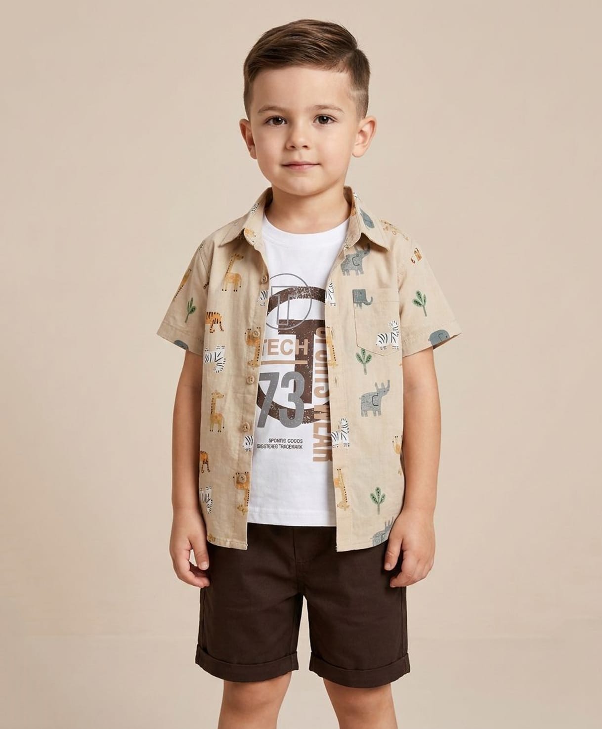 Rikidoos Cotton Woven Half Sleeves Animal Printed Shirt & Shorts Set With Inner Tee - Tan & Black-picture-26