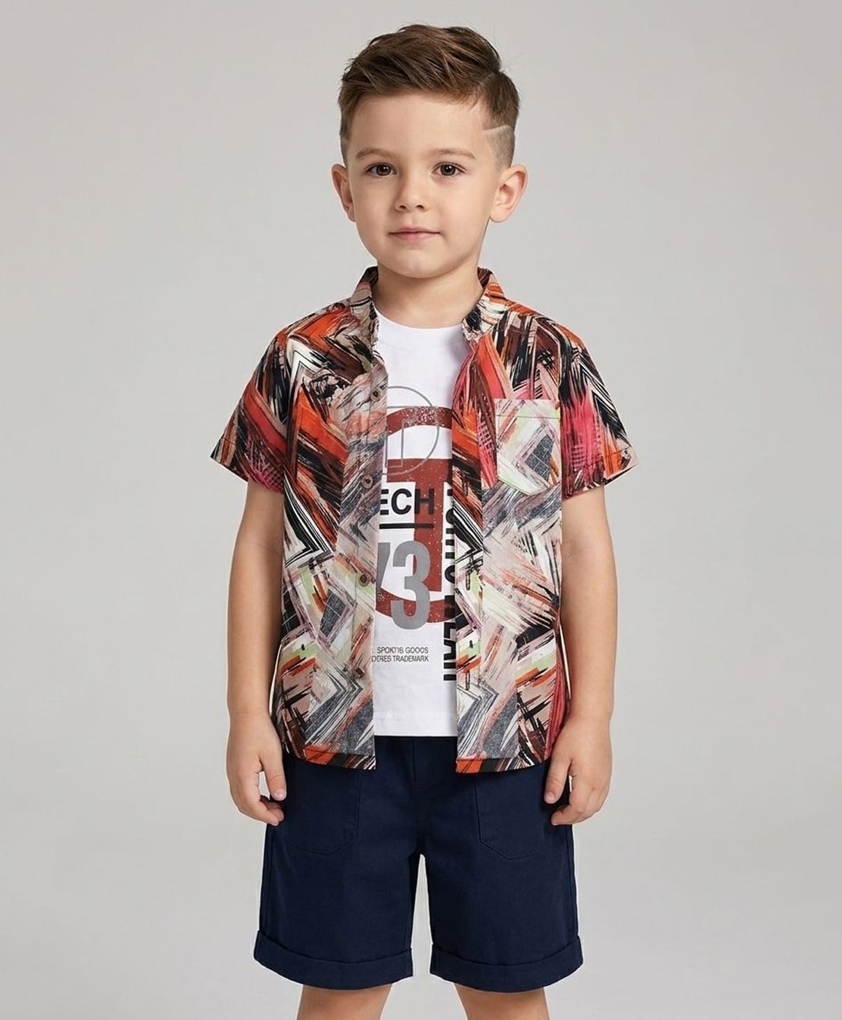 Rikidoos Cotton Woven Half Sleeves Abstract Shirt & Shorts Set With Text Printed Inner Tee - Peach & Black-image-20