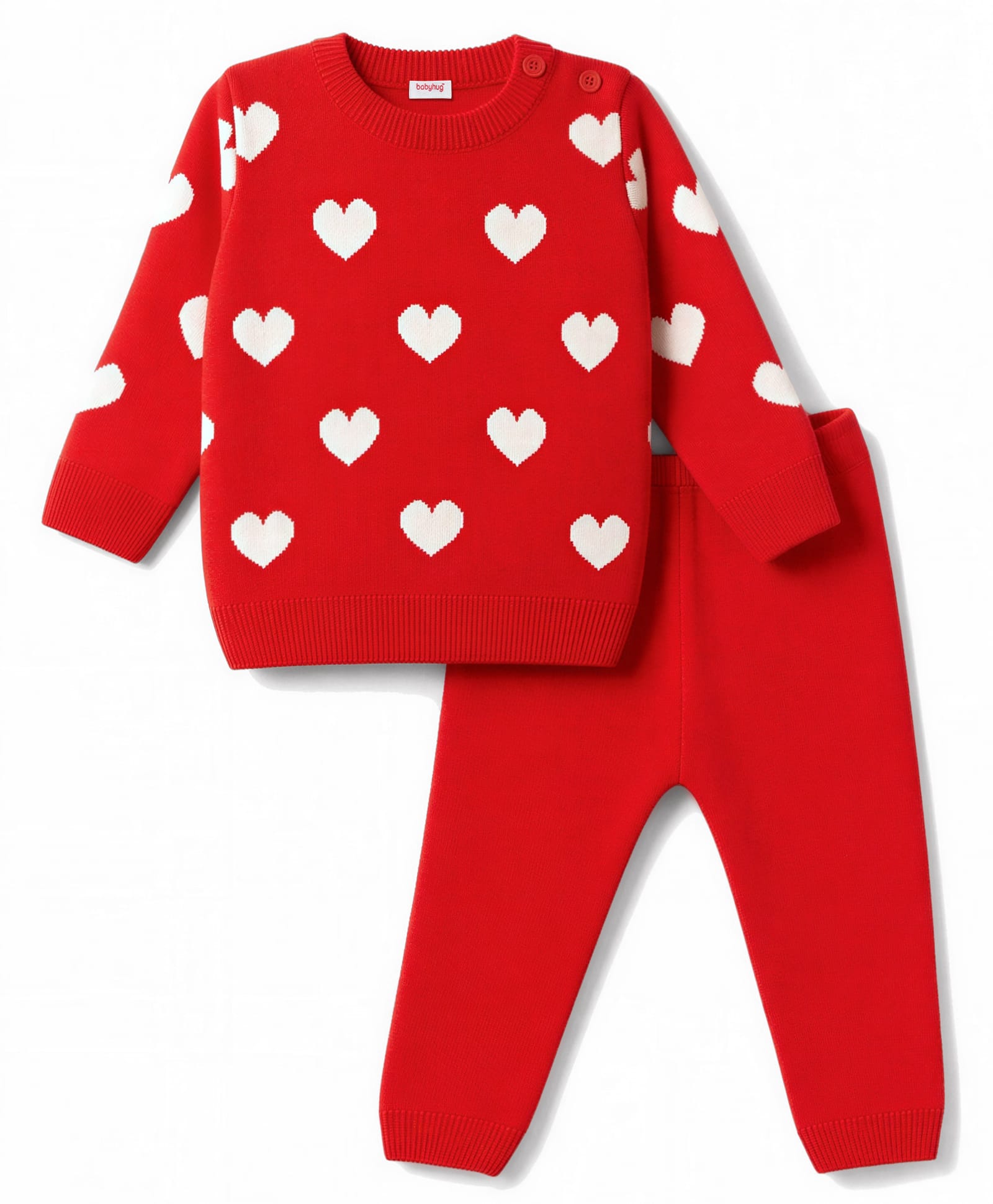 Babyhug Knit Full Sleeves Heart Printed Sweater Set- Red-image-8