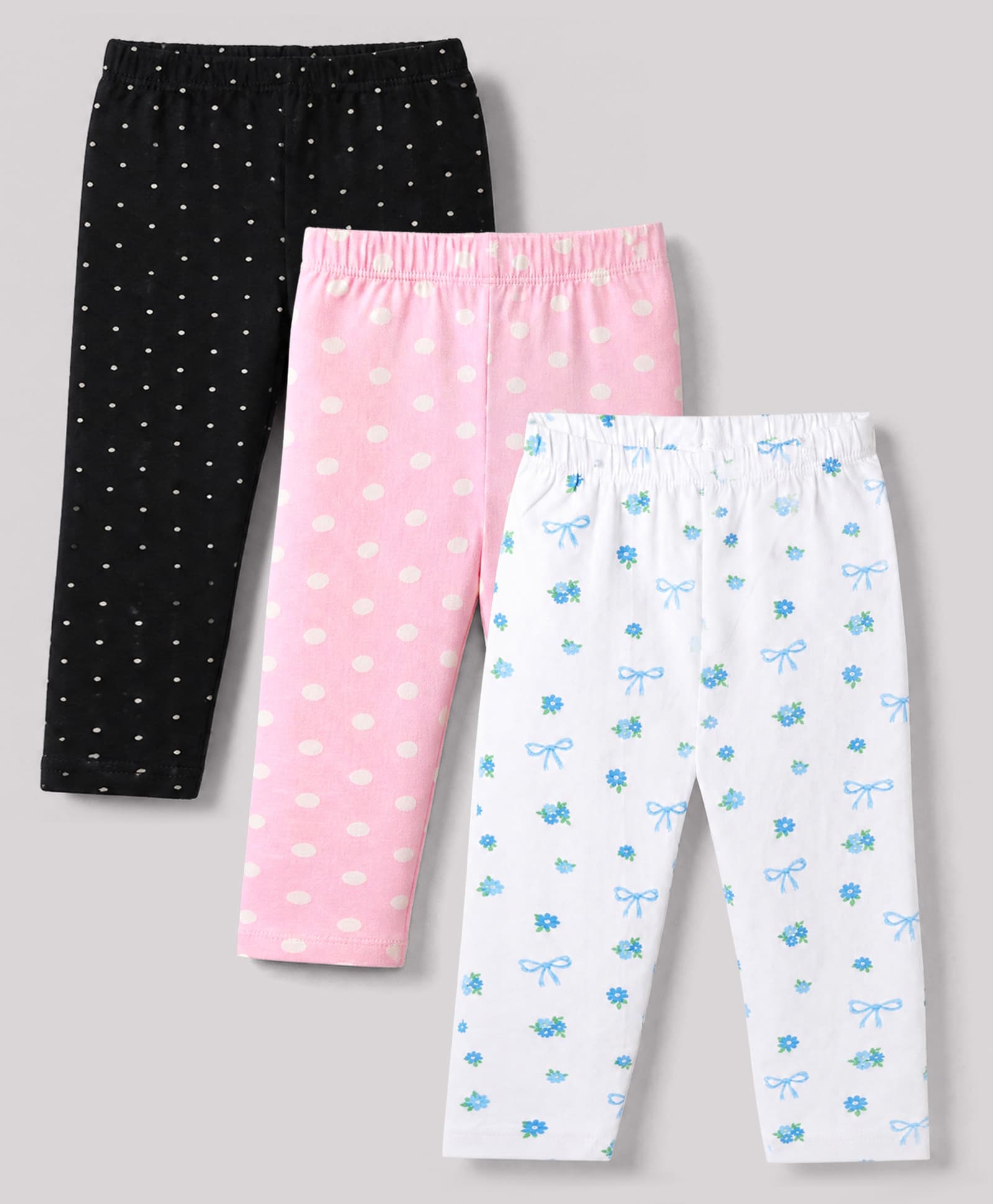 Babyhug Cotton Lycra Knit Full Length Leggings With Floral Print & Polka Dots Pack Of 3 - Black Pink & White