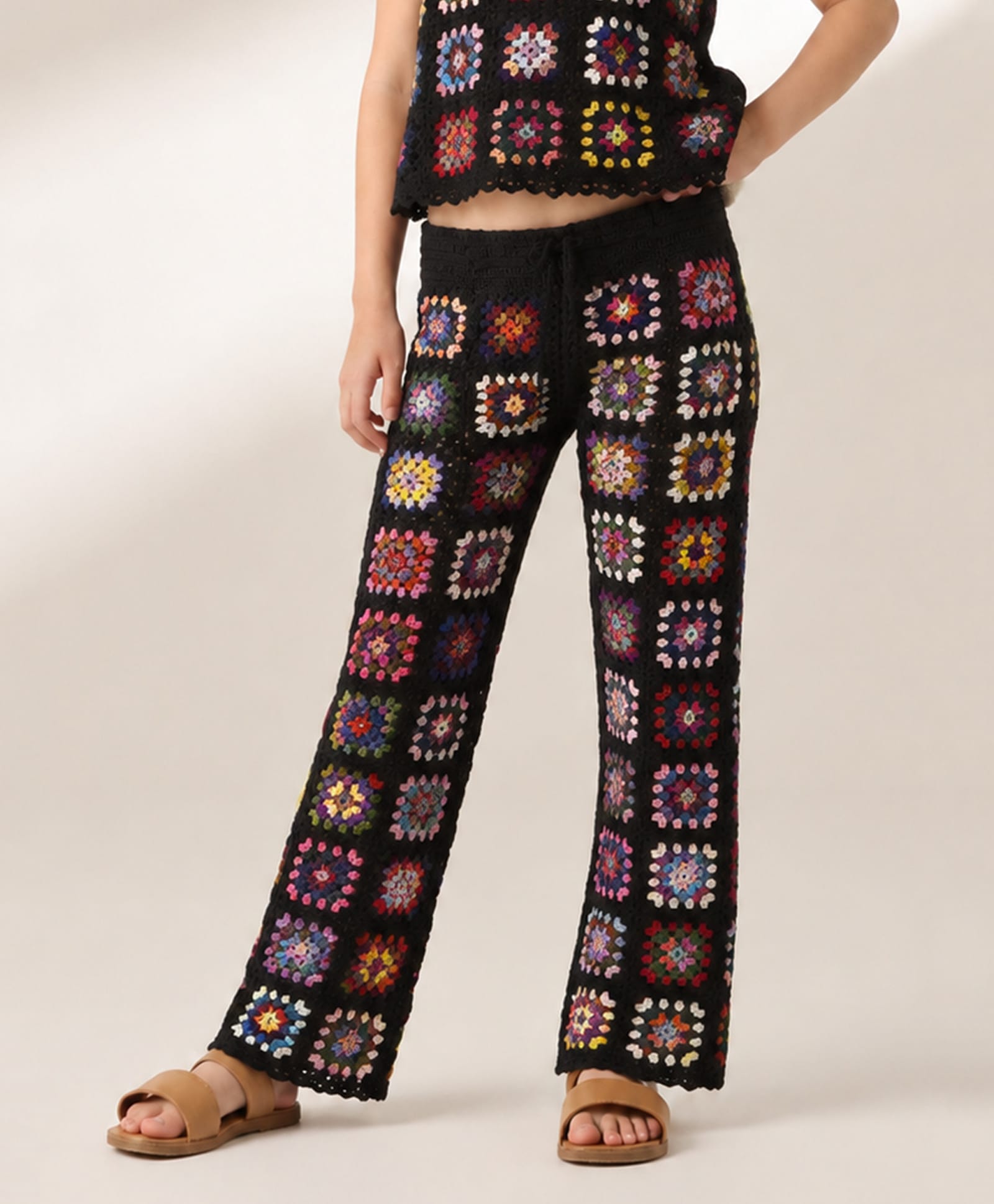Woonie Cotton Hand Knitted Granny Squares Designed Crochet Pants - Black-picture-13