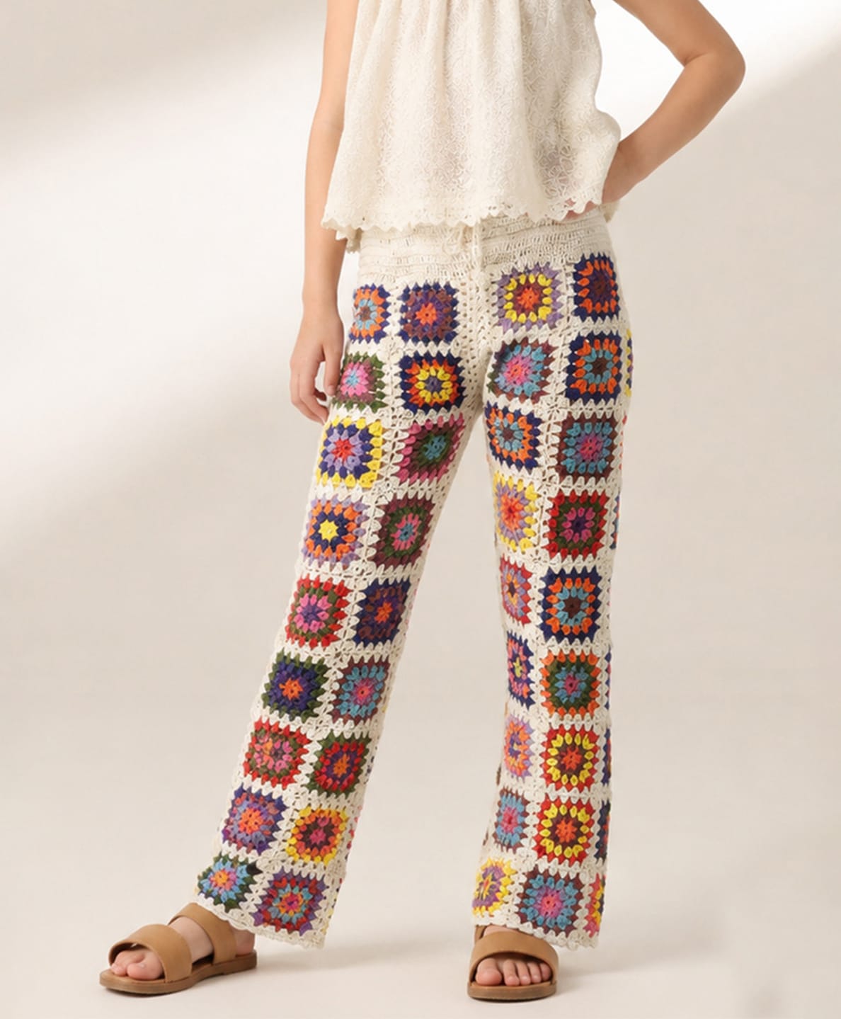 Woonie Cotton Hand Knitted Granny Squares Designed Crochet Pants - White-image-45