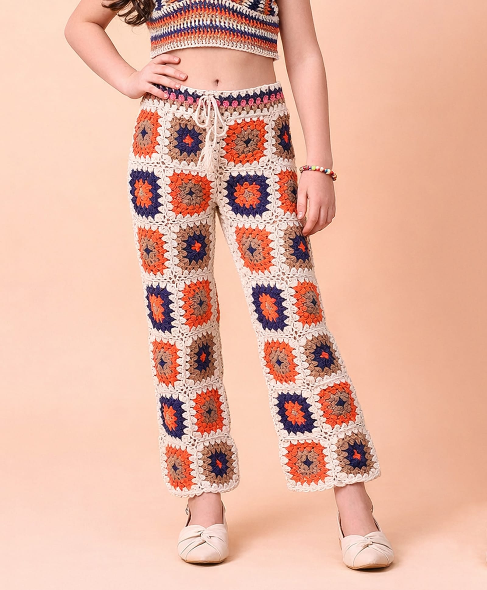 Woonie Cotton Hand Knitted Granny Squares Designed Crochet Pants - Cream-picture-24