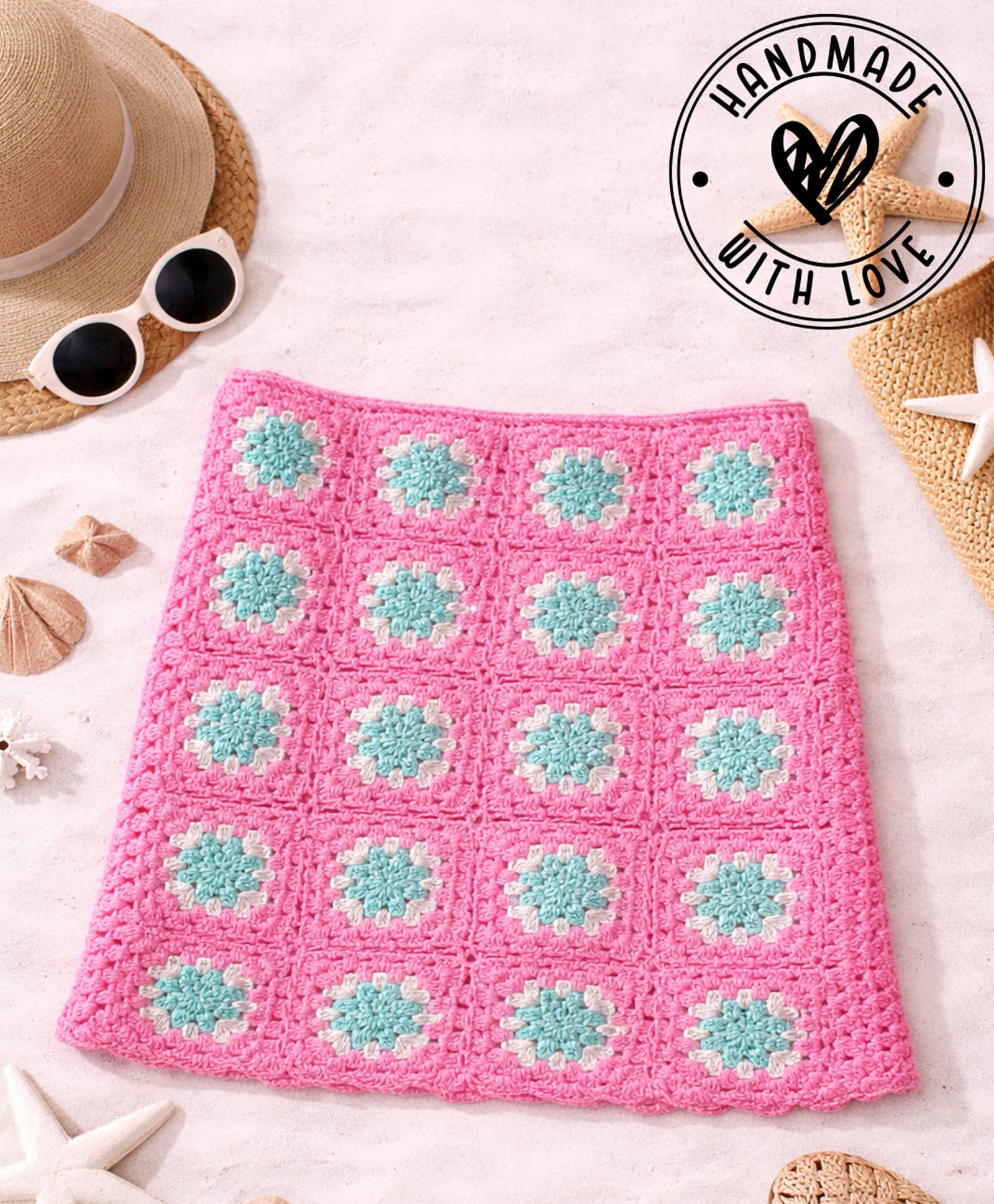 Woonie Cotton Hand Knitted Granny Square Designed Crochet Skirt - Pink-image-31