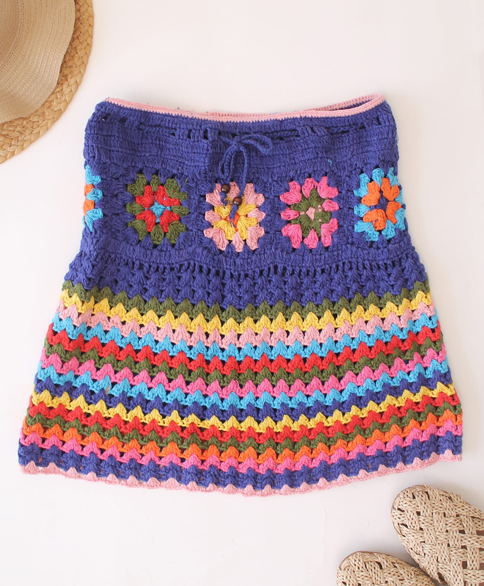 Woonie Cotton Hand Knitted Self Designed Crochet Detailed Skirt - Multi Colour-picture-11