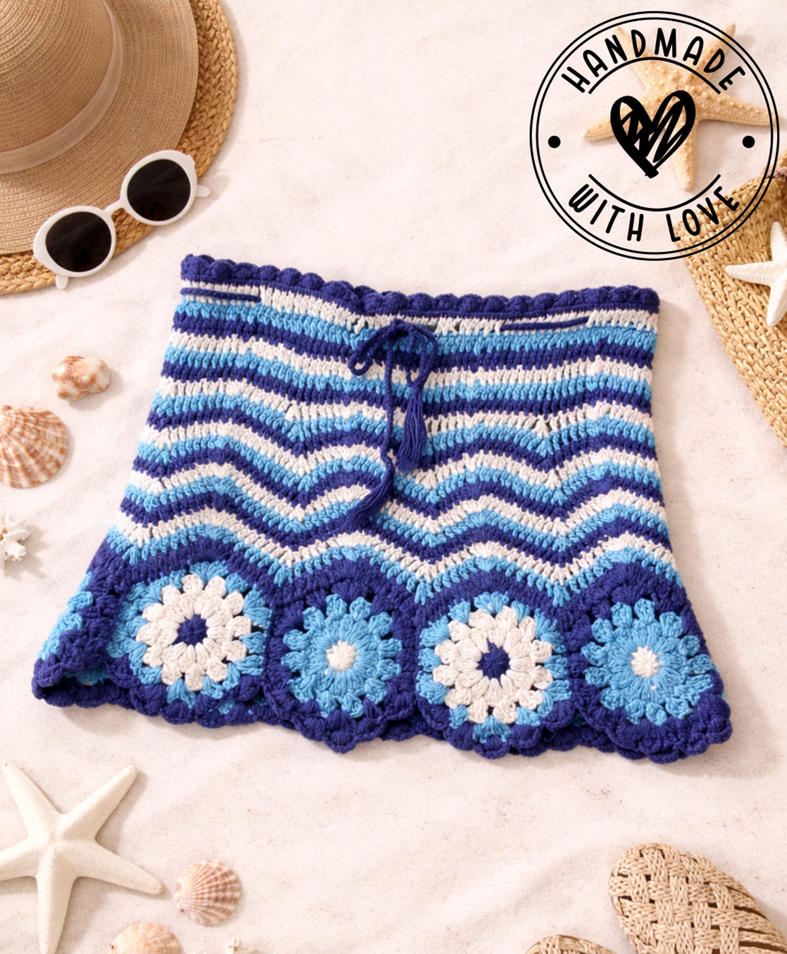 Woonie Cotton Hand Knitted Self Designed Crochet Skirt - Blue-image-44