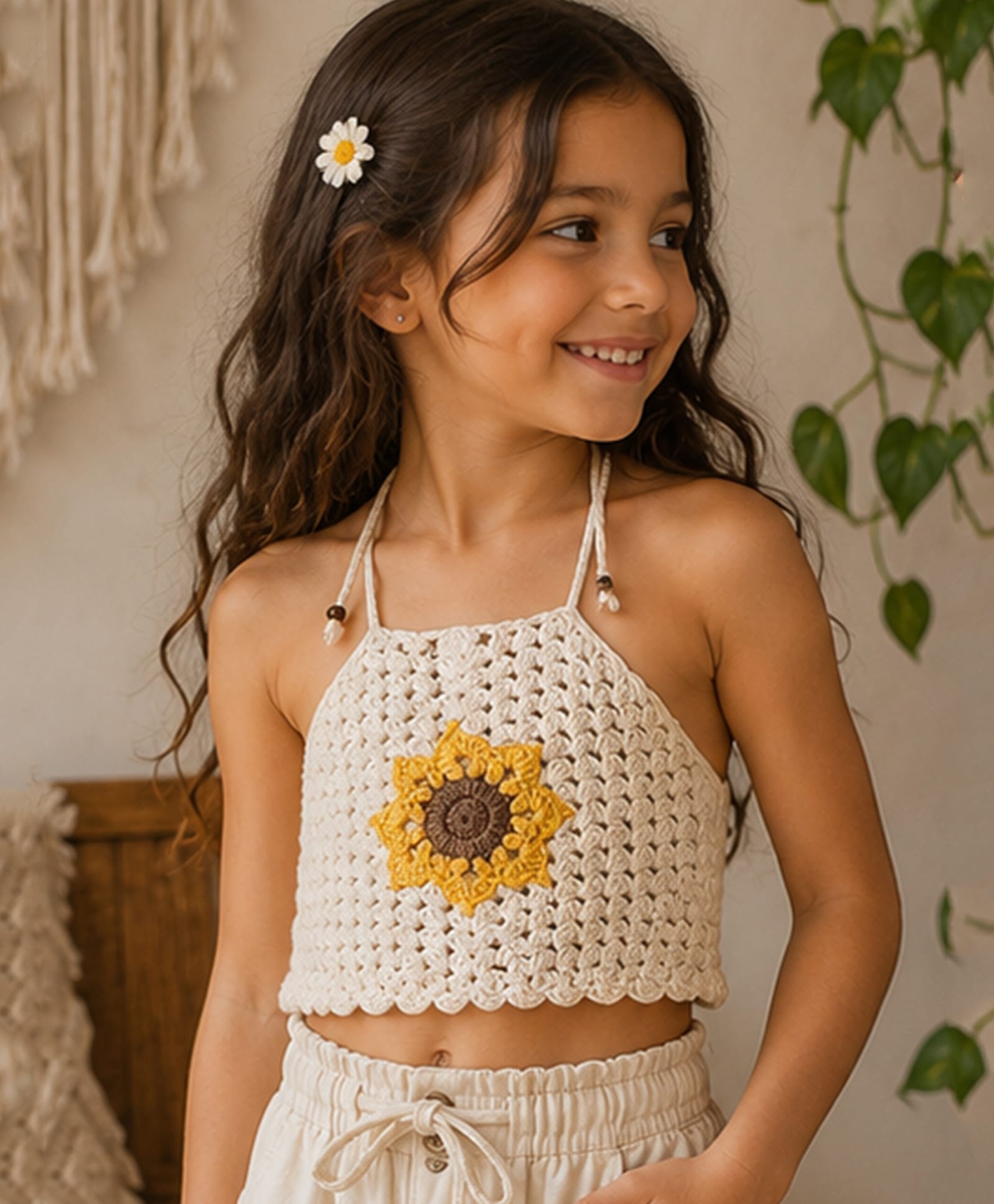 Woonie Cotton Hand Knitted Sleeveless Floral Embroidered Crochet Top - Cream-image-17