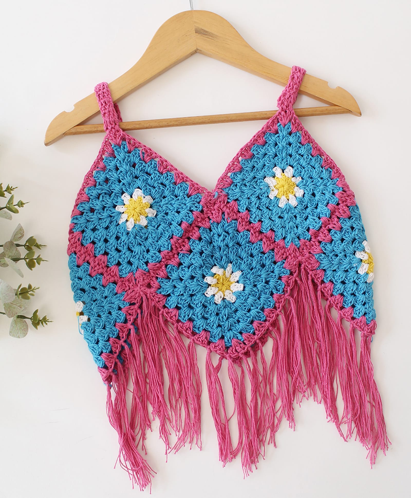 Woonie Cotton Hand Knitted Sleeveless Thread Work Embroidered Floral Designed Crochet Crop Top - Blue-image-32