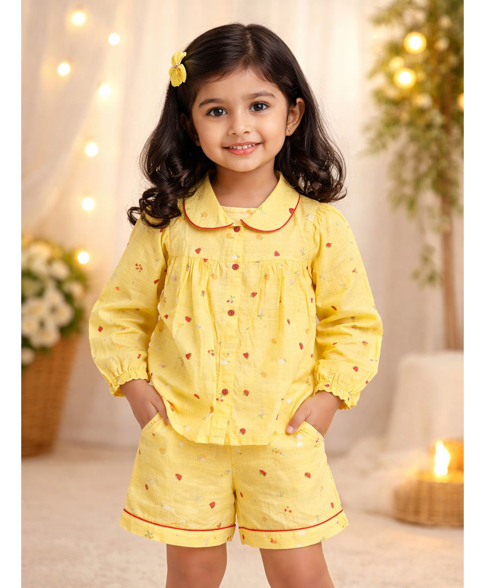 Fairies Forever Cotton Woven Full Sleeves Fruits Printed Coordinating Shirt & Shorts Night Suit - Yellow-image-20