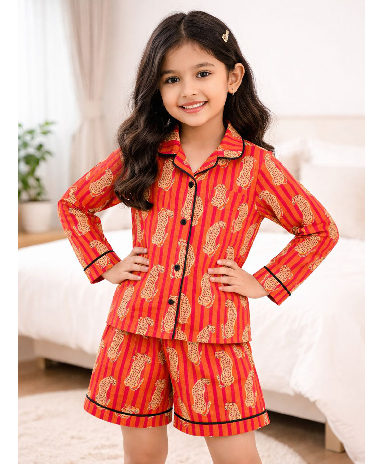 Fairies Forever Cotton Woven Full Sleeves Leopard Printed Coordinating Shirt & Shorts Night Suit - Orange-image-19