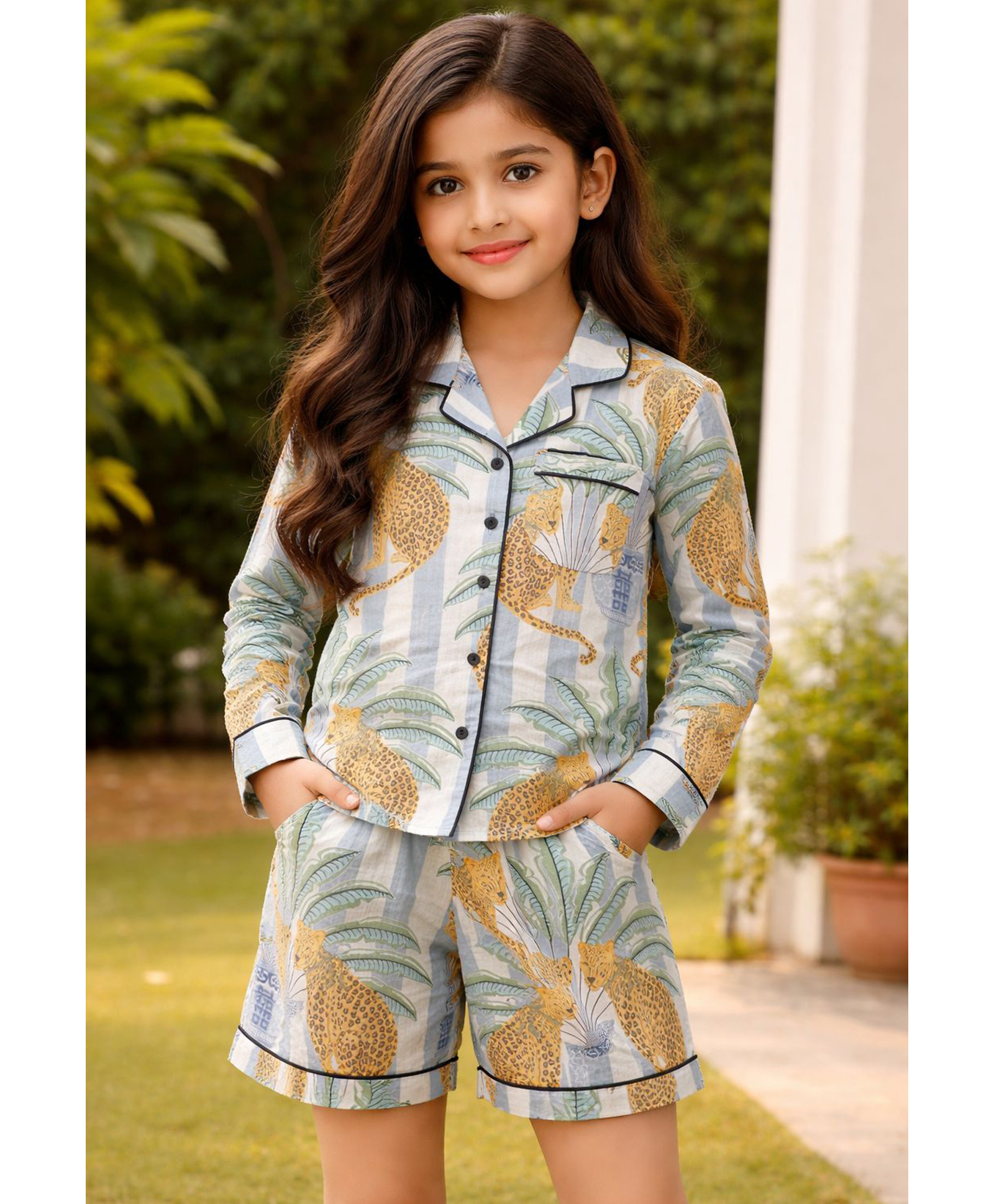Fairies Forever Cotton Woven Full Sleeves Leopard Printed Coordinating Shirt & Shorts Night Suit - Multi Colour-picture-20