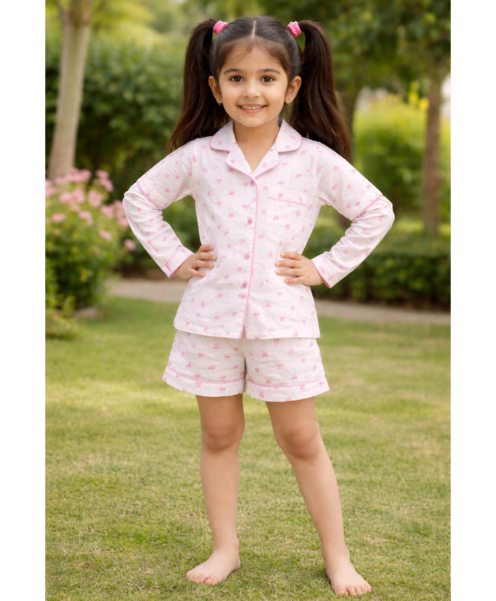 Fairies Forever Cotton Woven Full Sleeves Bow Printed Coordinating Shirt & Shorts Night Suit - White-image-47