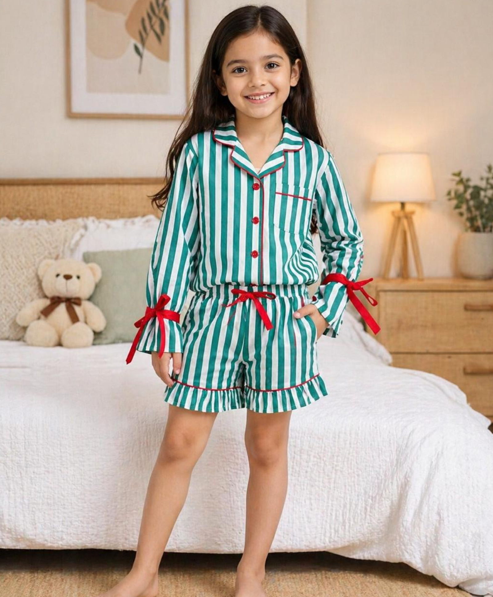 Fairies Forever Cotton Woven Full Sleeves Striped Coordinating Shirt & Shorts Night Suit - Green-picture-16