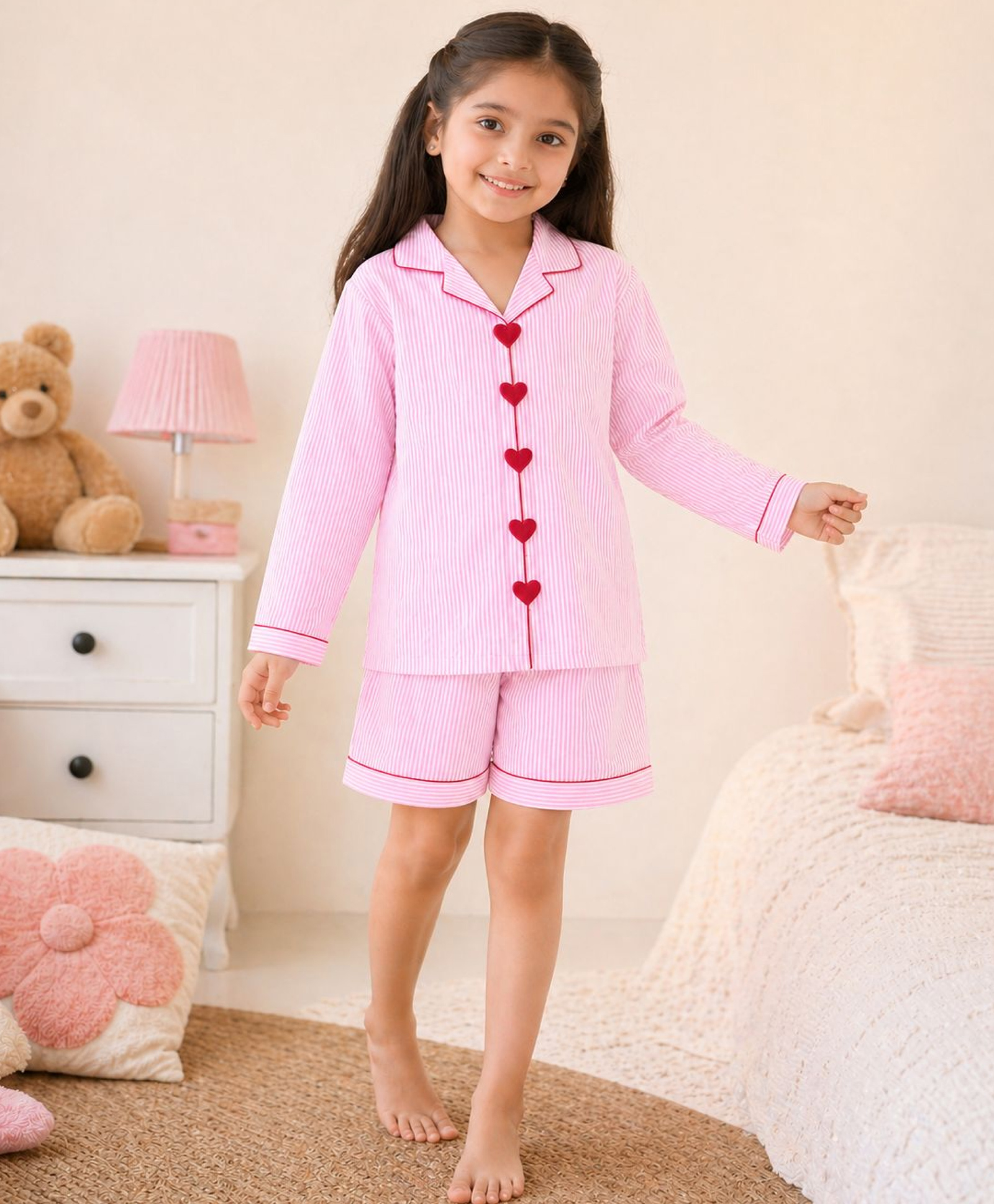 Fairies Forever Cotton Woven Full Sleeves Hearts Embroidered Striped Shirt & Shorts Night Suit - Pink-image-41