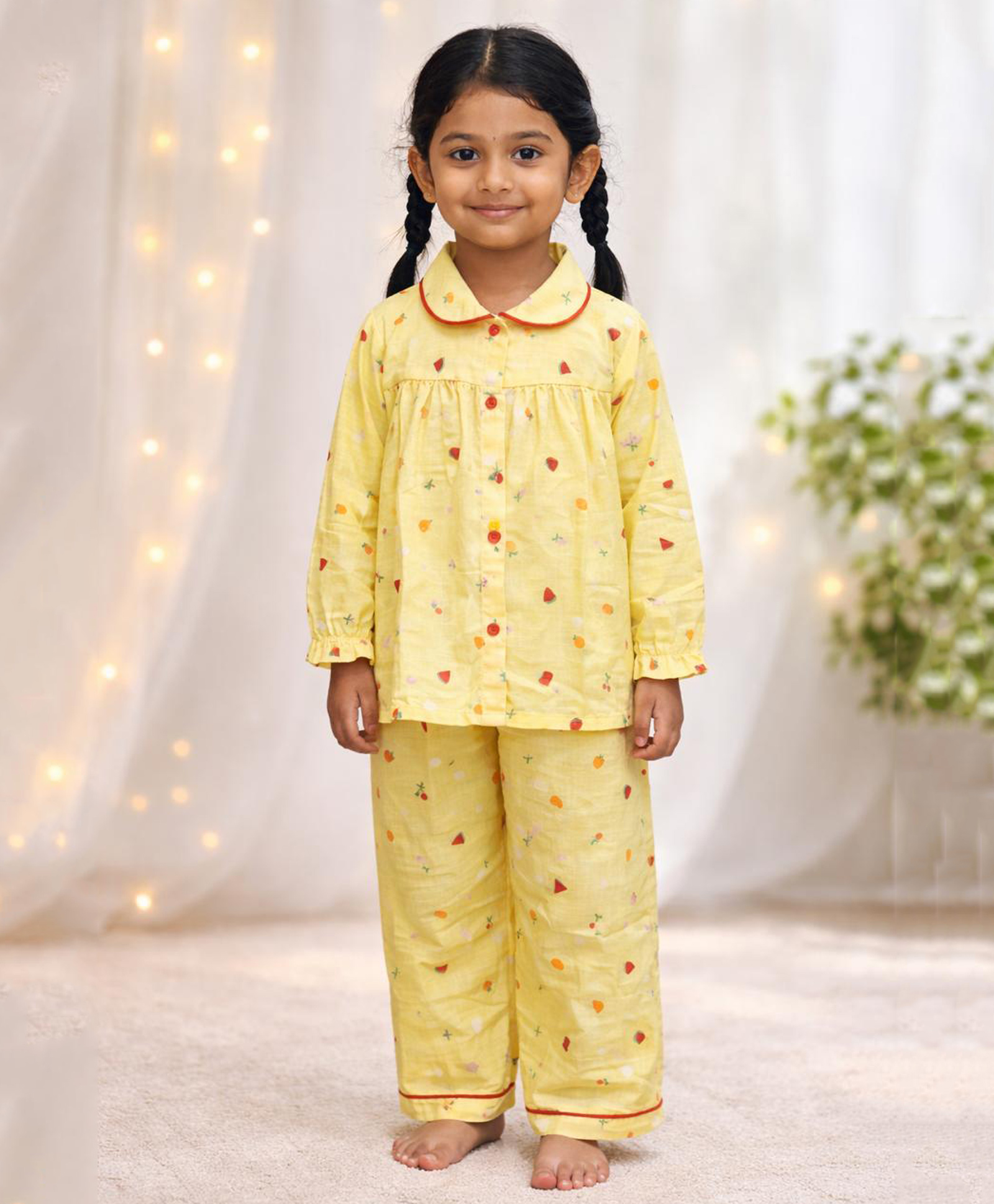 Fairies Forever Cotton Woven Full Sleeves Fruits Printed Coordinating Shirt & Shorts Night Suit - Yellow-image-23