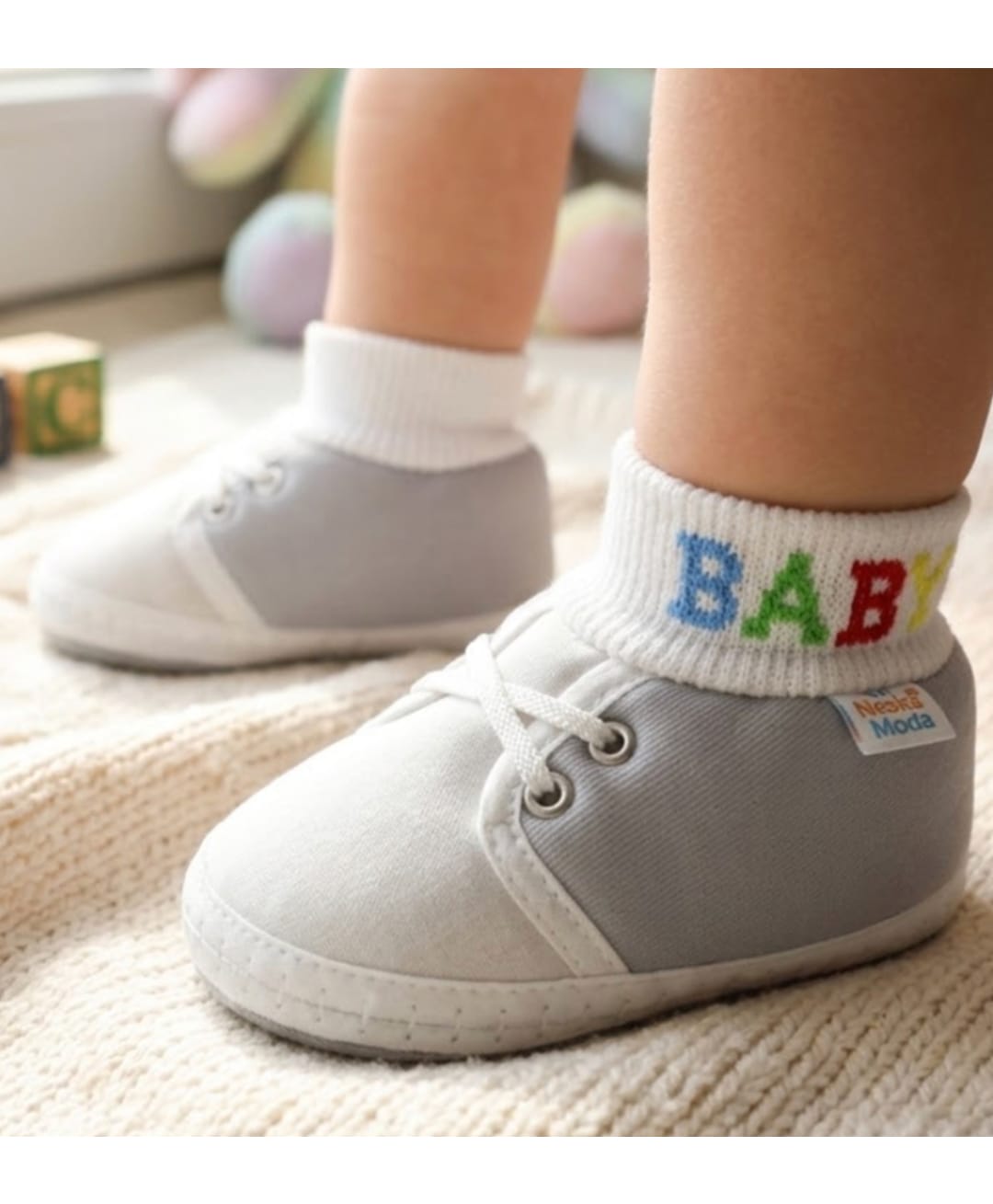 Neska Moda Colour Blocked & Baby Text Designed Booties - White & Grey-picture-42