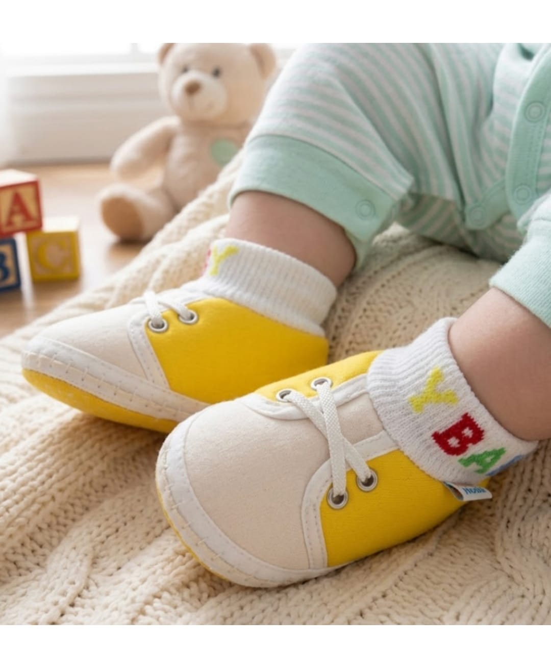 Neska Moda Colour Blocked & Baby Text Designed Booties - White & Yellow-picture-40