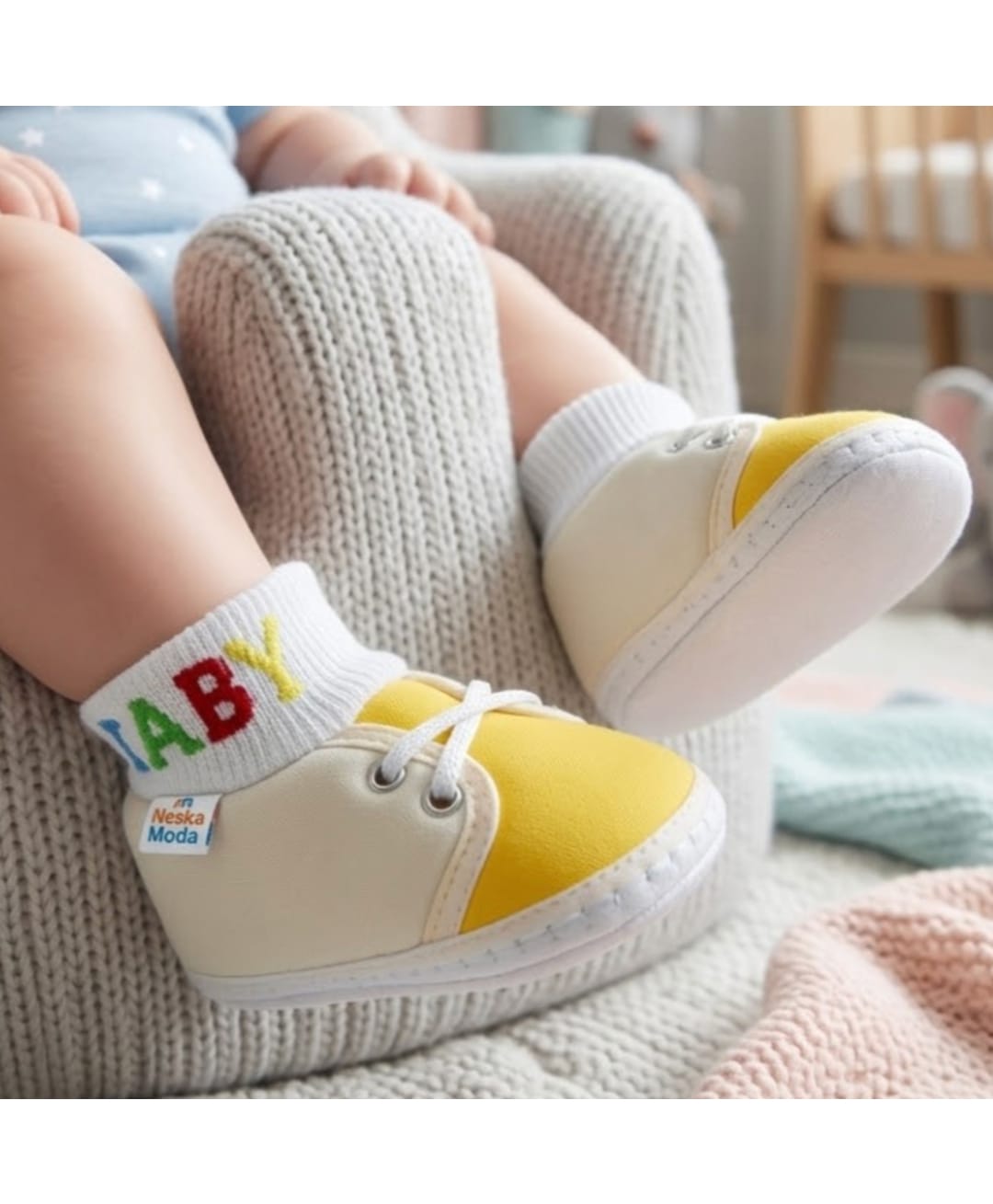 Neska Moda Colour Blocked & Baby Text Designed Booties - White & Yellow-picture-39
