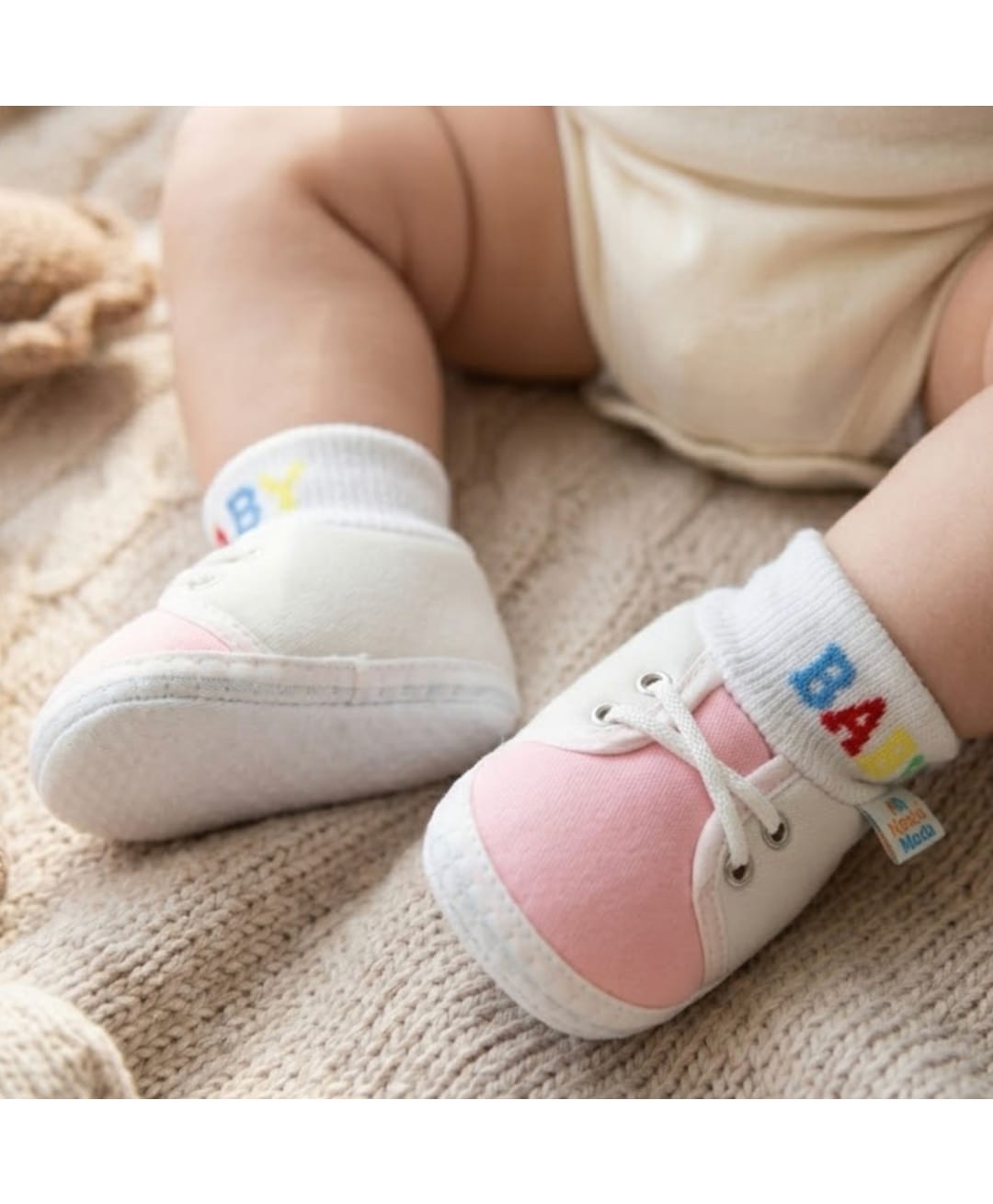 Neska Moda Colour Blocked & Baby Text Designed Booties - White & Pink-picture-38