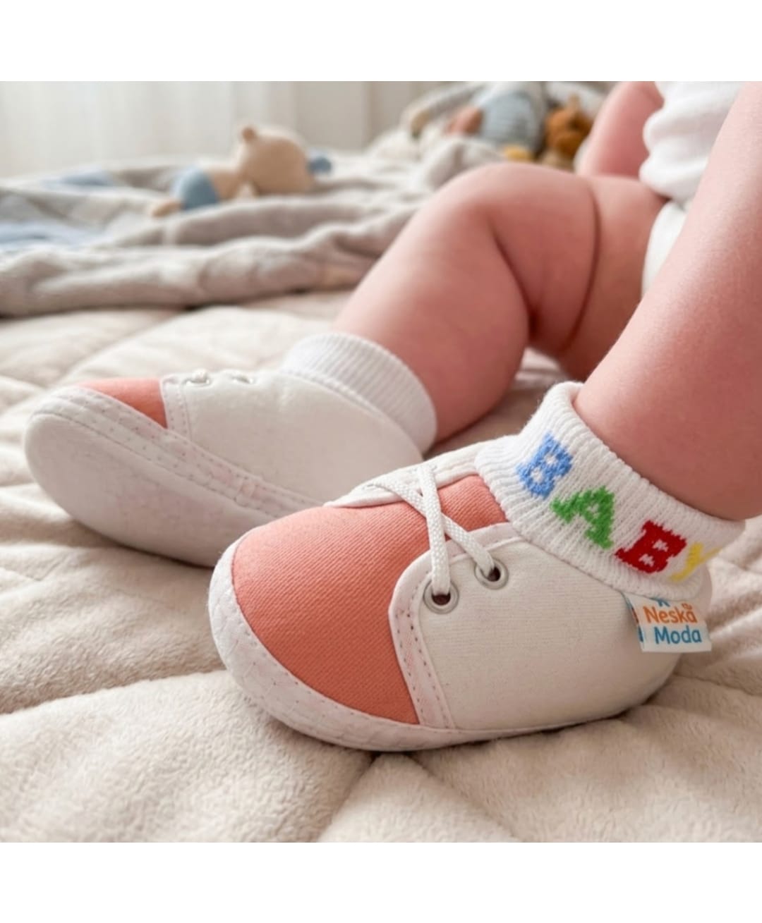 Neska Moda Colour Blocked & Baby Text Designed Booties - White & Peach-picture-36
