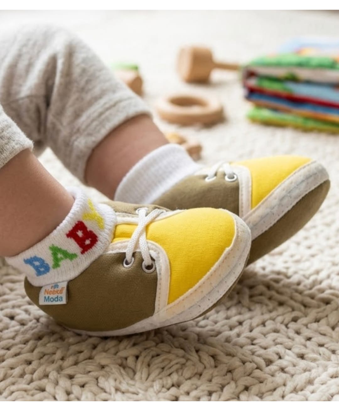 Neska Moda Colour Blocked & Baby Text Designed Booties - Green & Yellow-picture-31