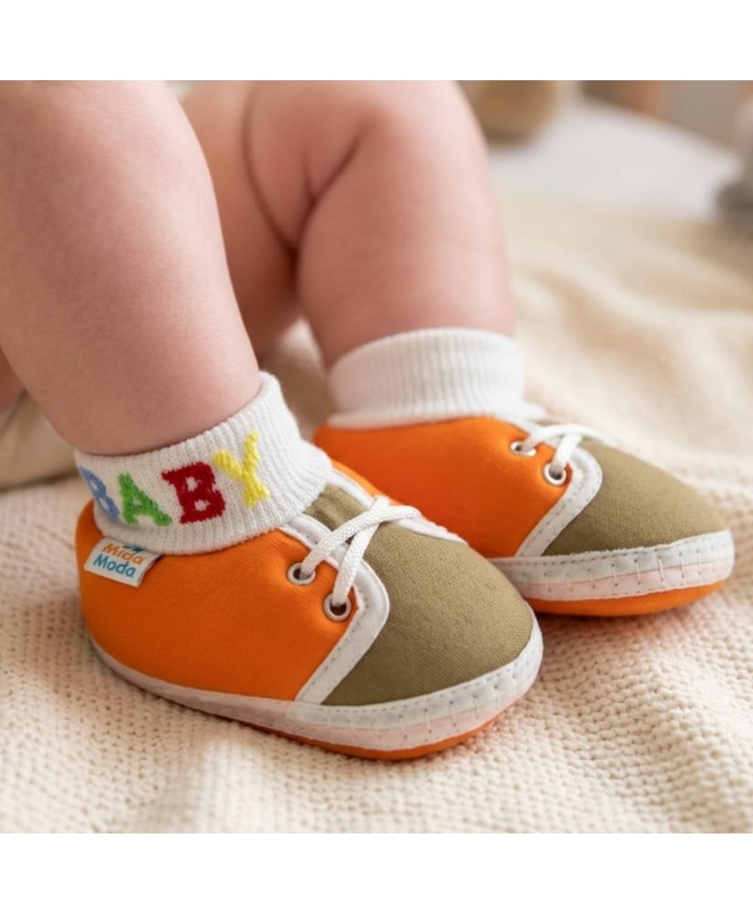 Neska Moda Colour Blocked & Baby Text Designed Booties - Orange & Dark Green-picture-27