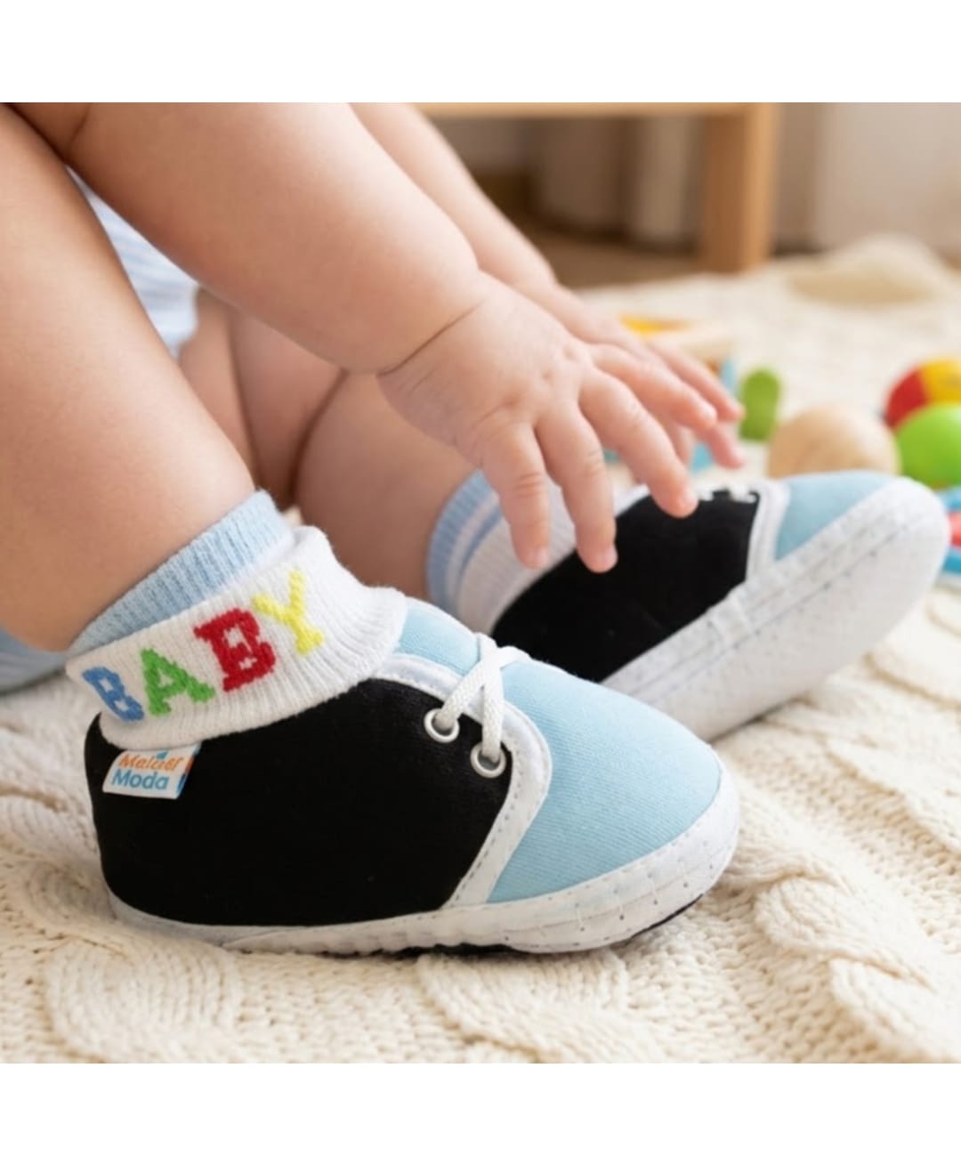 Neska Moda Colour Blocked & Baby Text Designed Booties - Black & Sky Blue-picture-25