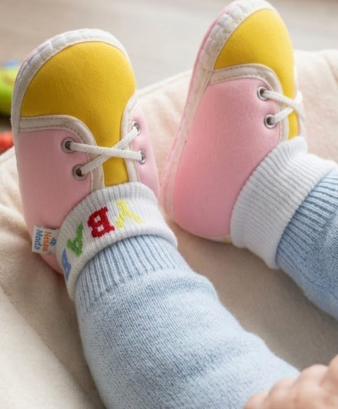 Neska Moda Colour Blocked & Baby Text Designed Booties - Baby Pink & Yellow-picture-24