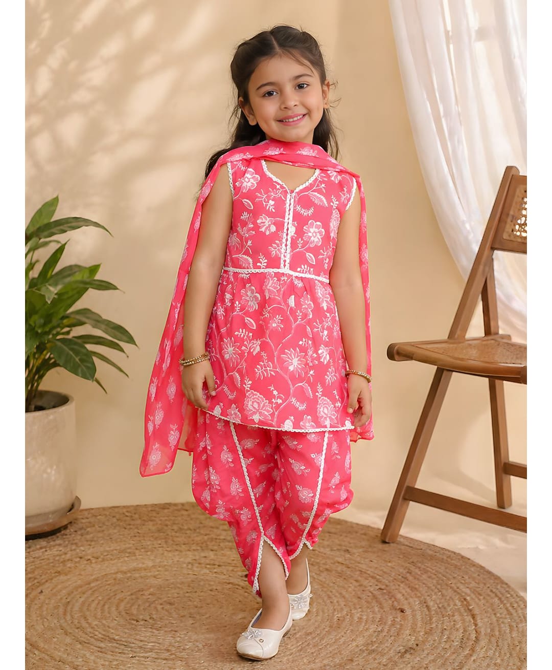 AJ Dezines Cotton Woven Sleeveless Floral Printed Kurti & Dhoti With Dupatta Set - Pink-picture-25