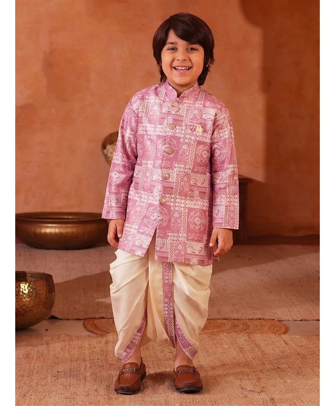 AJ Dezines Silk Woven Full Sleeves Abstract Printed Kurta & Dhoti Set - Pink-picture-2