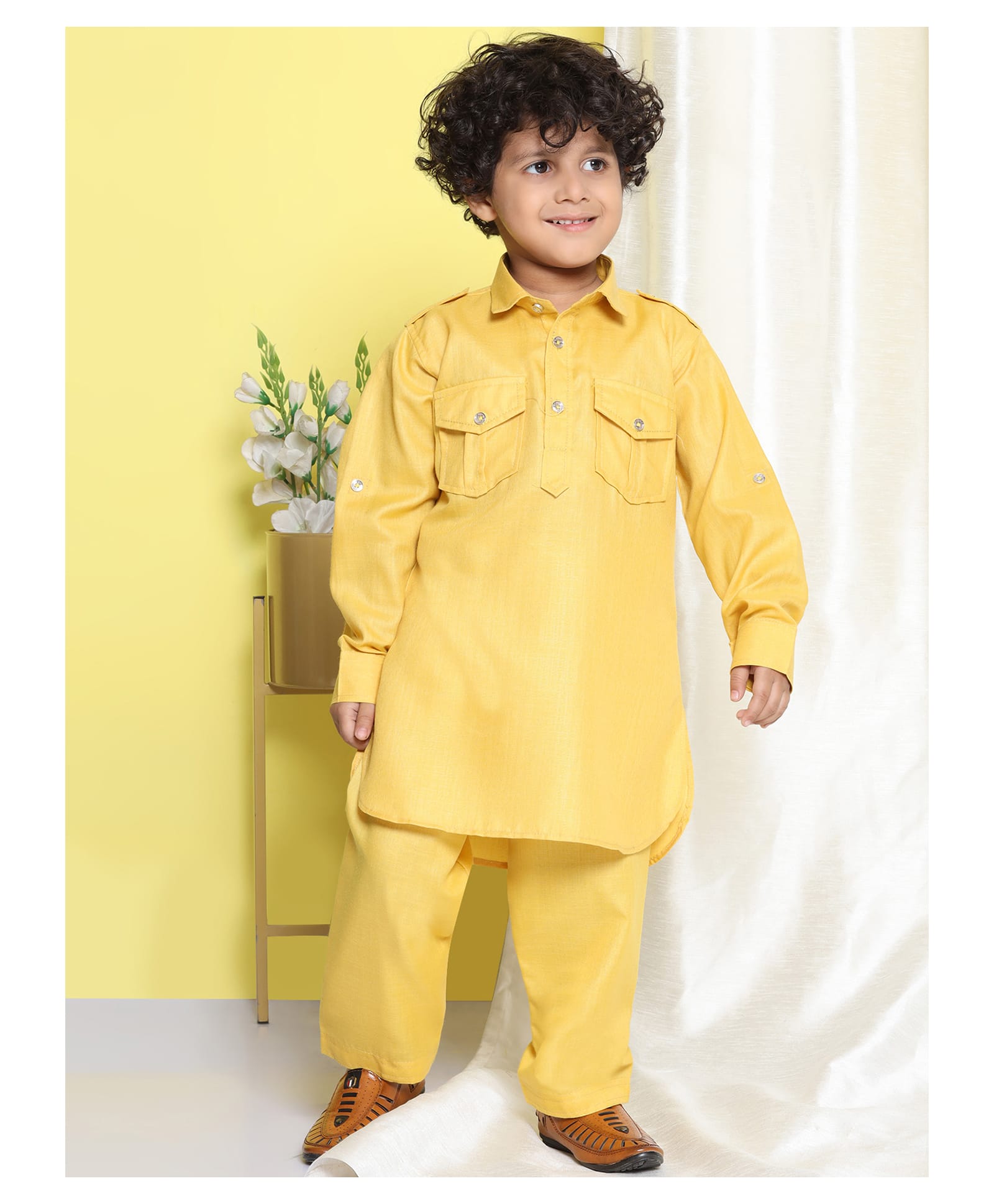 AJ Dezines Cotton Blend Woven Full Sleeves Solid Pathani Kurta & Pyjama Set - Mustard-picture-16