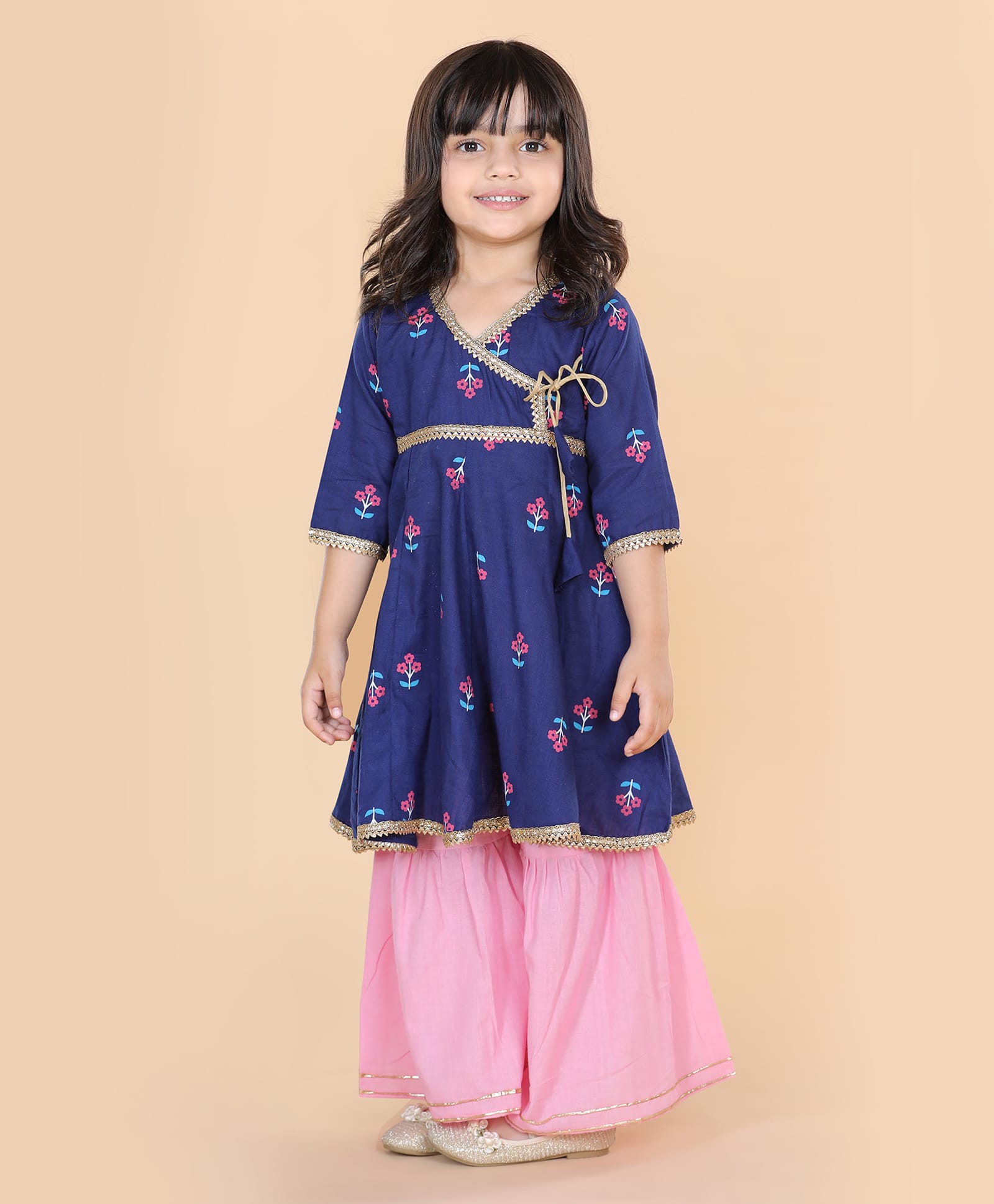 AJ Dezines Cotton Woven Three Fourth Sleeves Floral Printed Lace Embellished Kurti & Sharara Set - Blue-picture-26