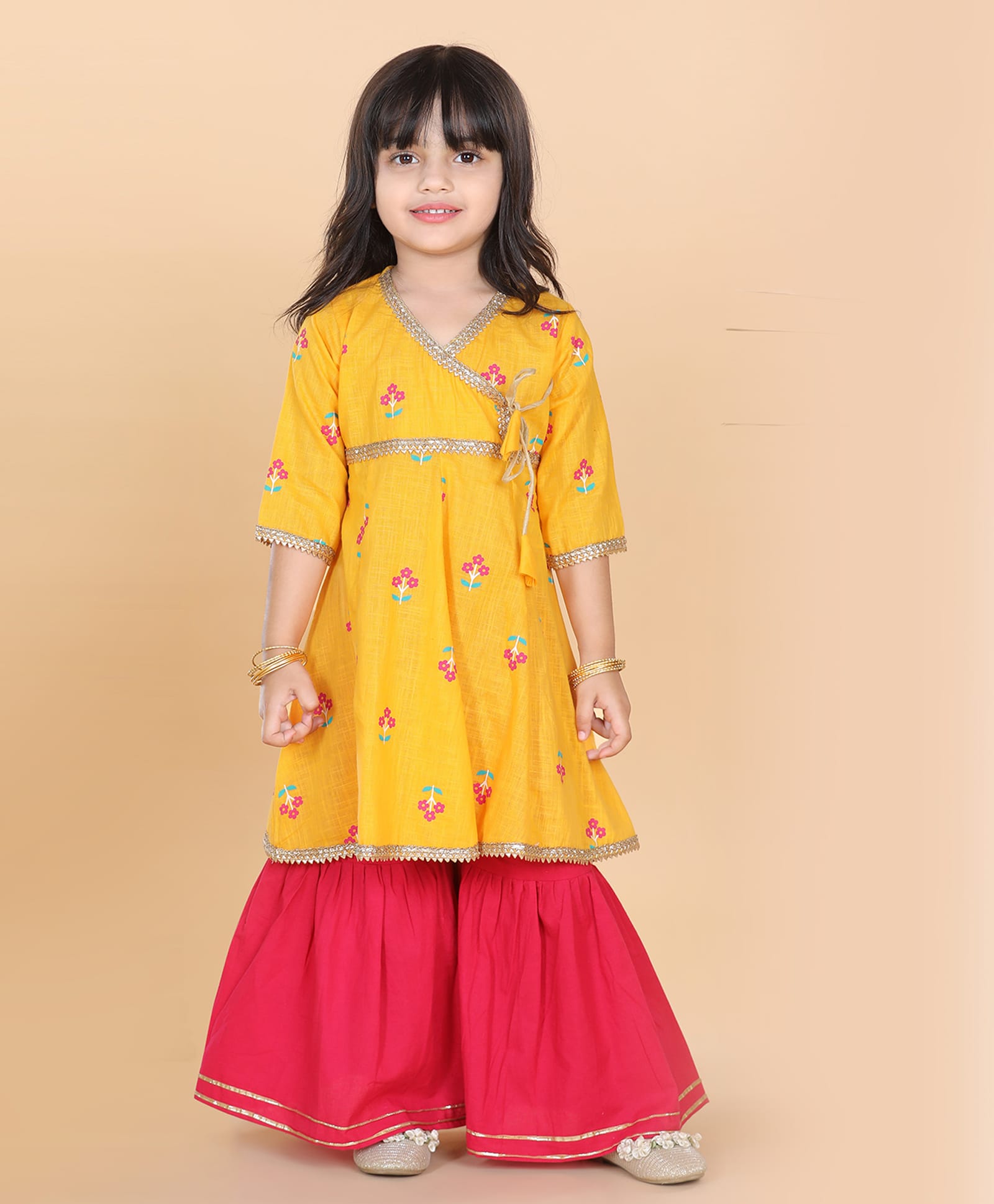 AJ Dezines Cotton Woven Three Fourth Sleeves Floral Printed Lace Embellished Kurti & Sharara Set - Yellow-picture-18