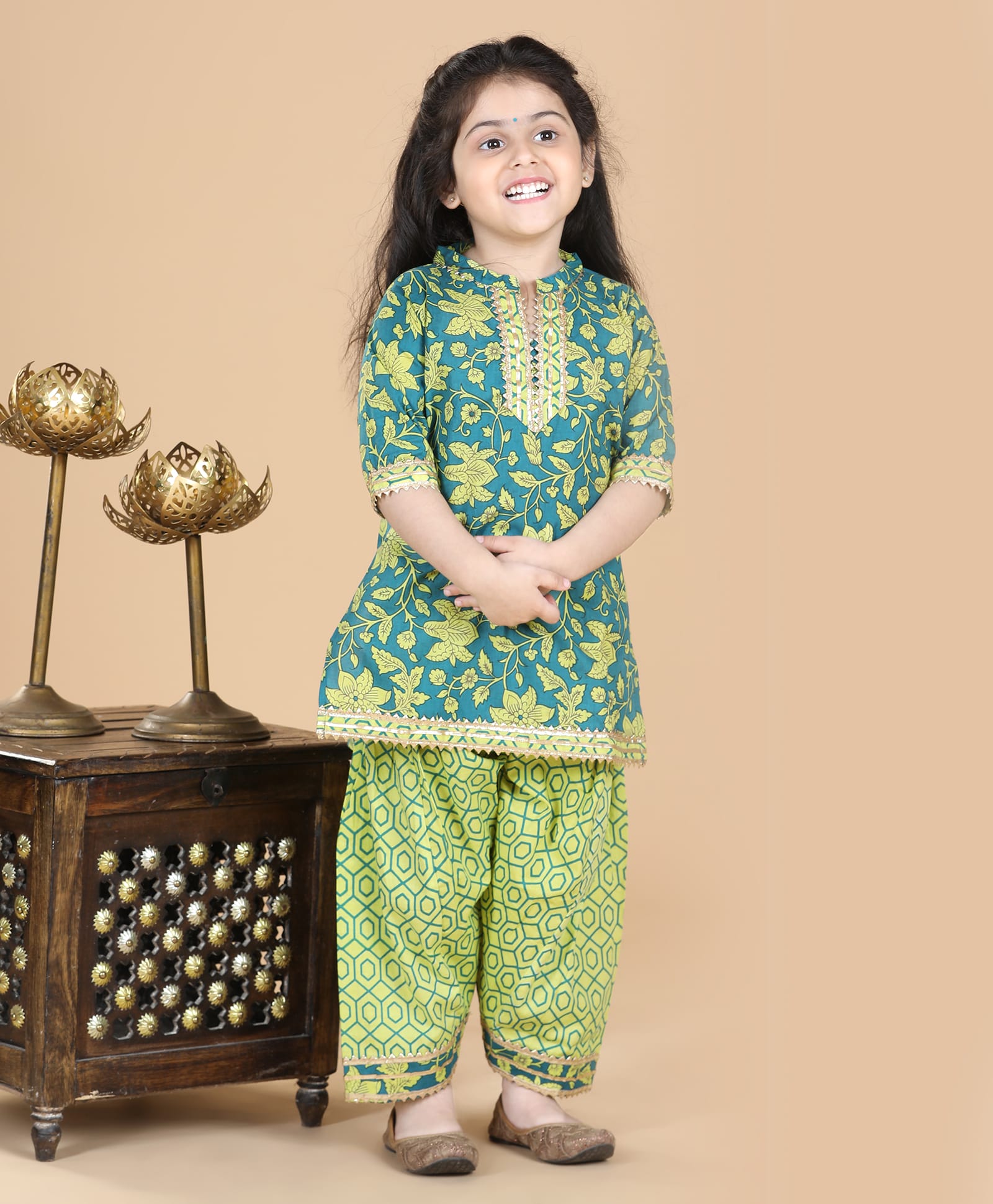 AJ Dezines Pure Cotton Woven Three Fourth Sleeves Floral Printed Kurti & Salwar Set - Green-picture-30