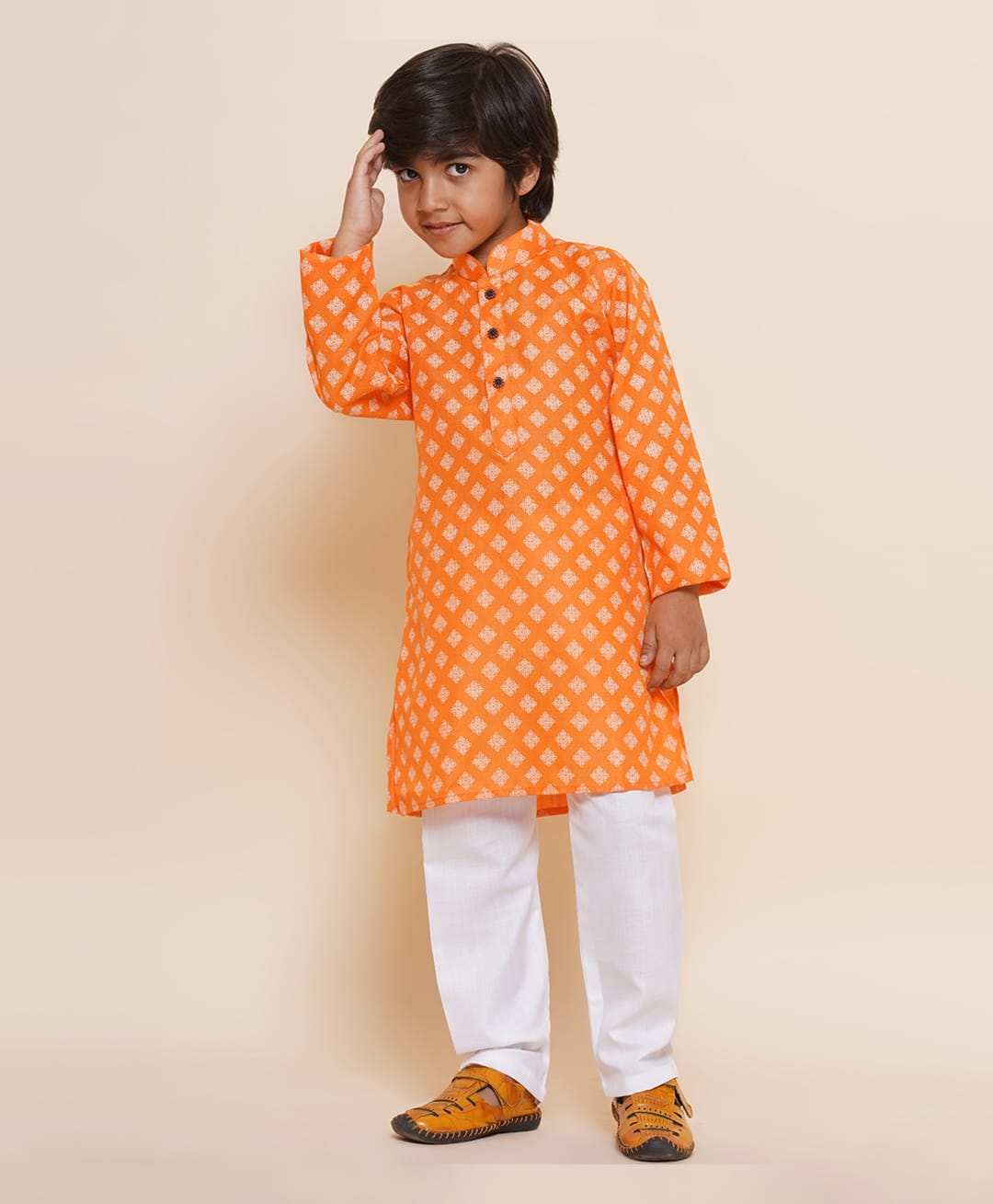 AJ Dezines Cotton Woven Full Sleeves Geometric Printed Kurta & Pyjama Set - Orange-picture-29
