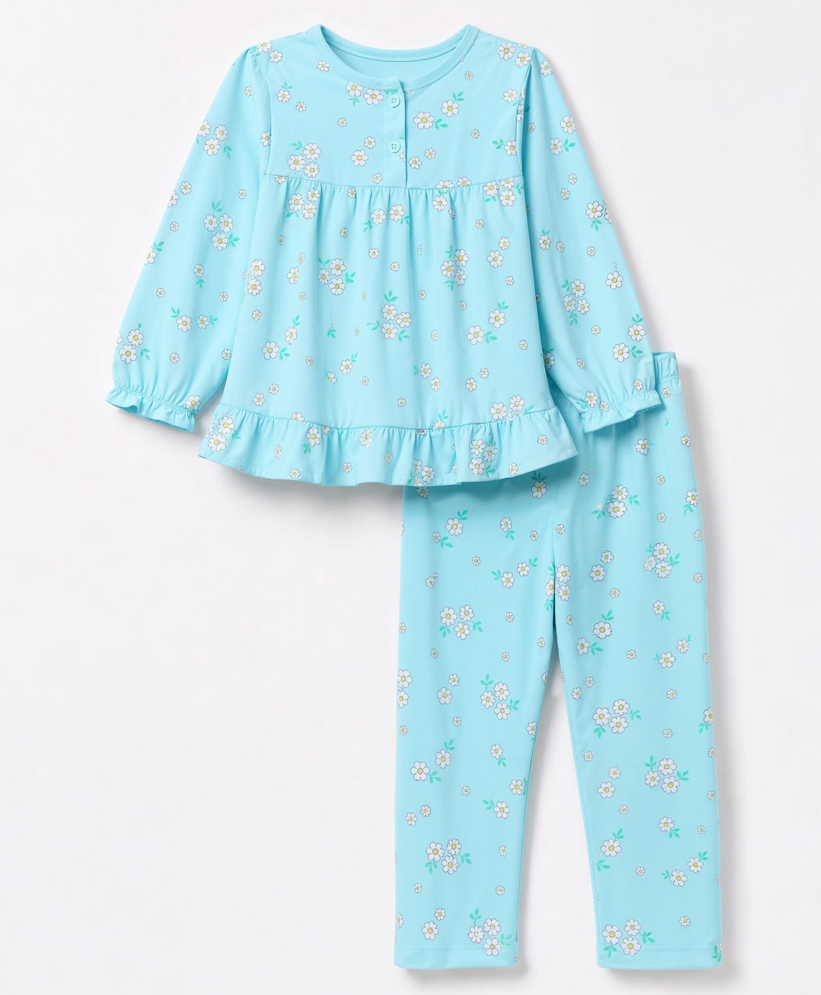 Babyhug Cotton Knit Full Sleeves Top & Pyjama Night Suit Co-Ords Set With Floral Print - Light Blue-image-41