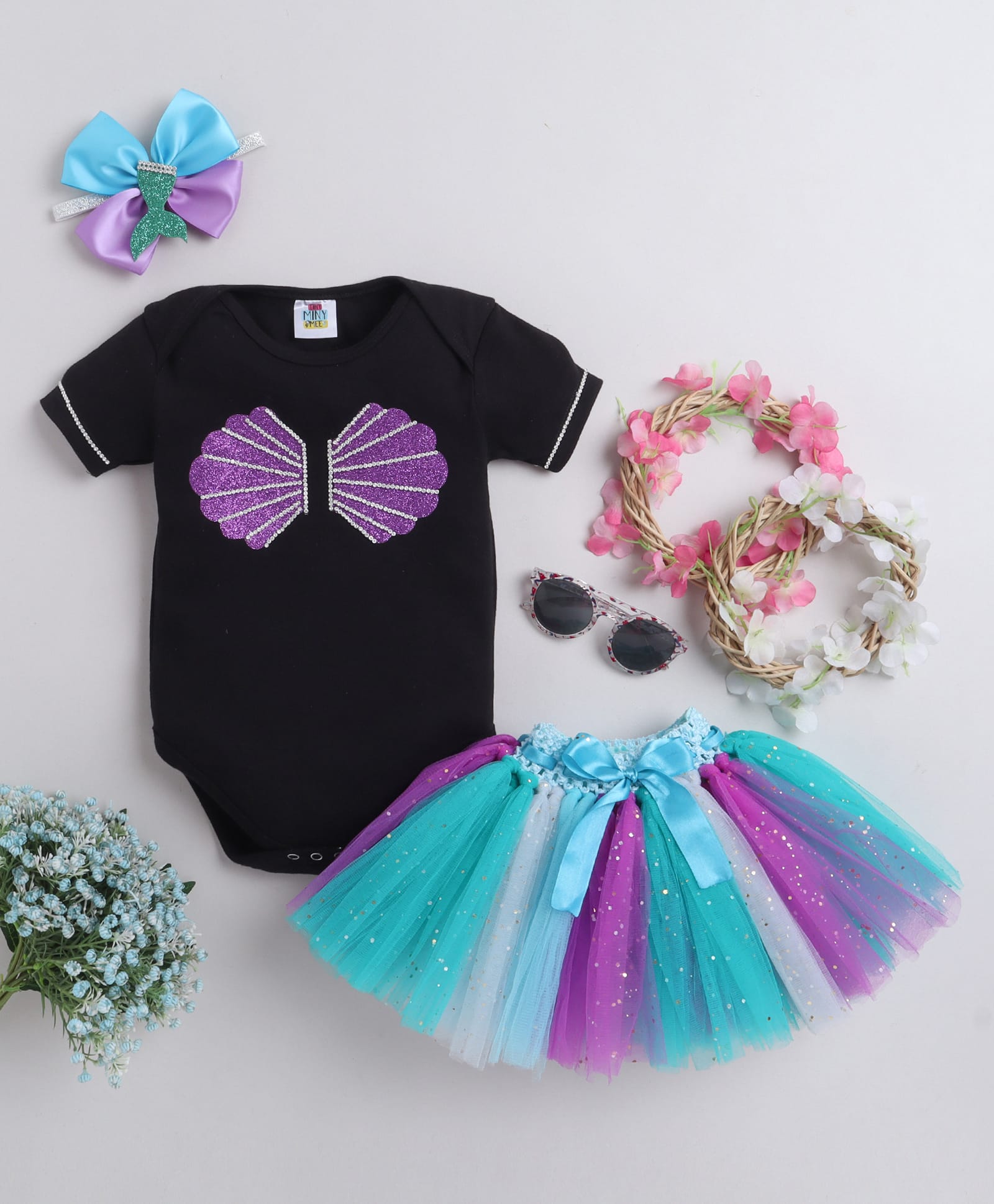TINY MINY MEE Elastane Woven Half Sleeves Shell Glitter Printed Pearl Embellished Onesie & Skirt With Headband Set - Multi Colour-image-49