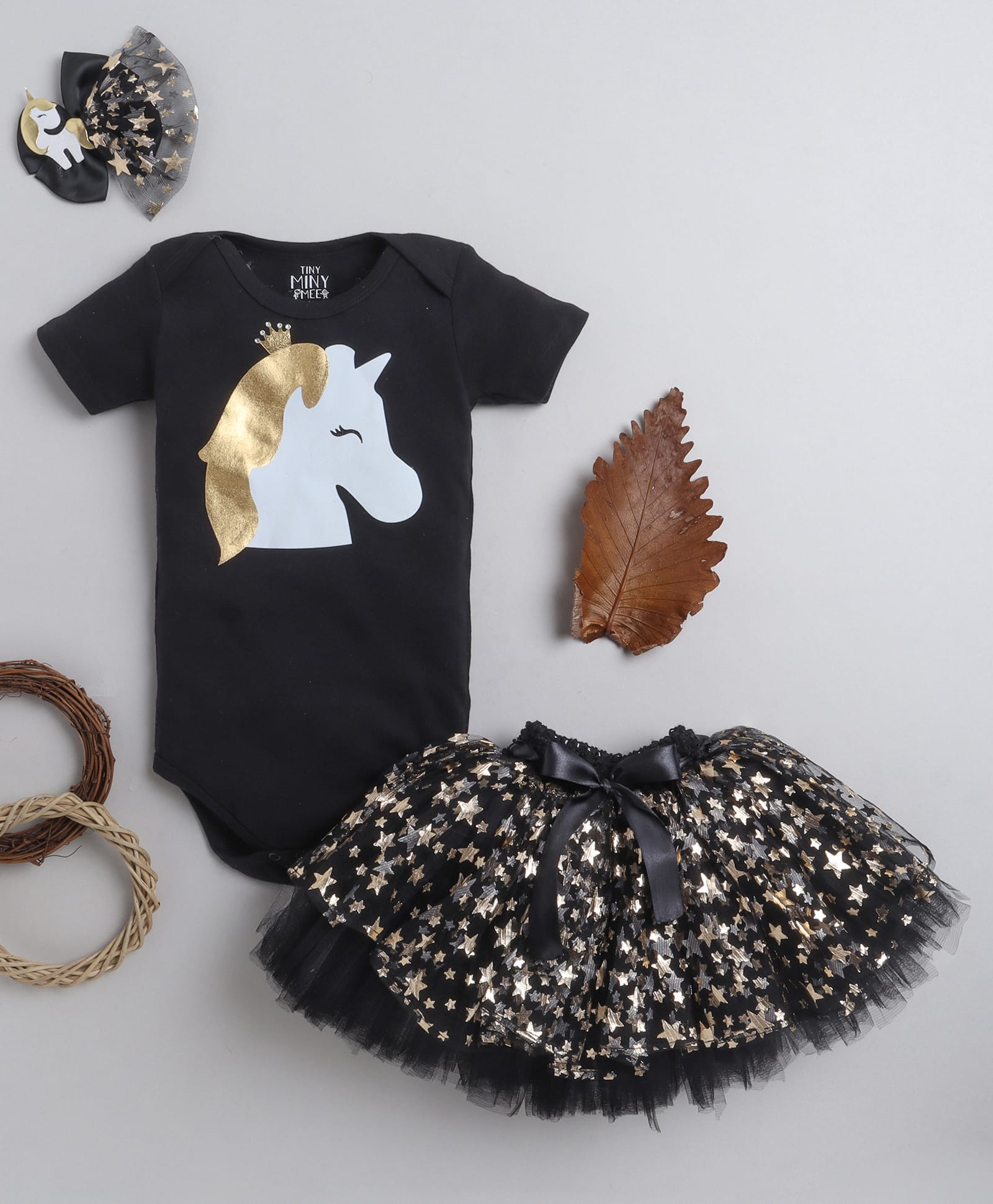 TINY MINY MEE Elastane Woven Half Sleeves Unicorn Printed Onesie & Skirt With Headband Set -Black-image-5