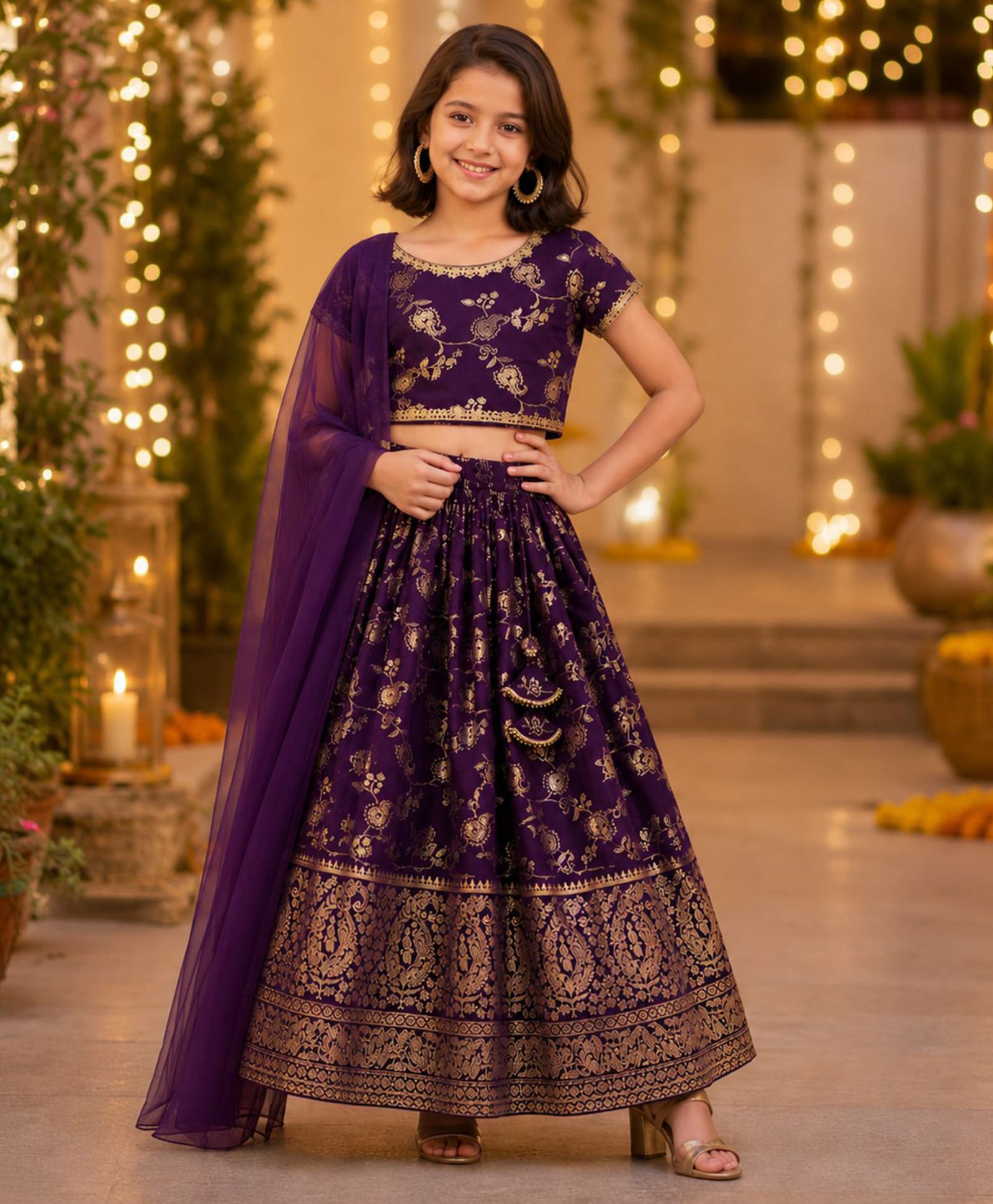 The Magic Wand Jacquard Woven Half Sleeves Floral Paisley Foil Printed Lehenga Choli Set With Dupatta - Purple-picture-12