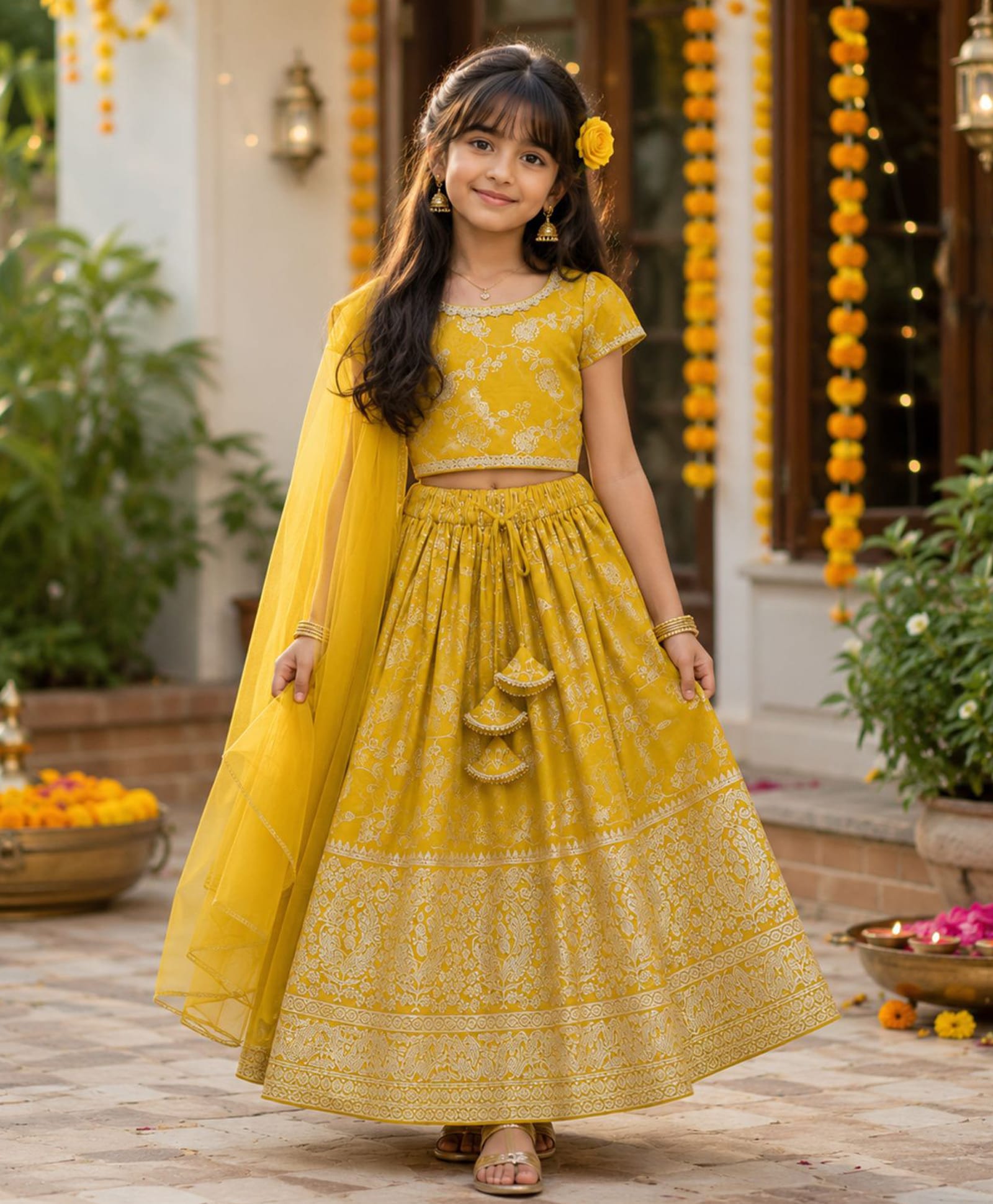 The Magic Wand Jacquard Woven Half Sleeves Floral Paisley Foil Printed Lehenga Choli Set With Dupatta - Yellow-image-33