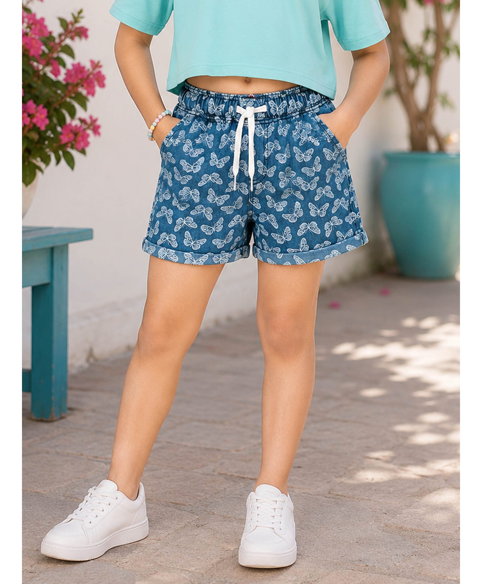 Kiddopanti Denim Woven Butterfly Printed Shorts - Blue-picture-28
