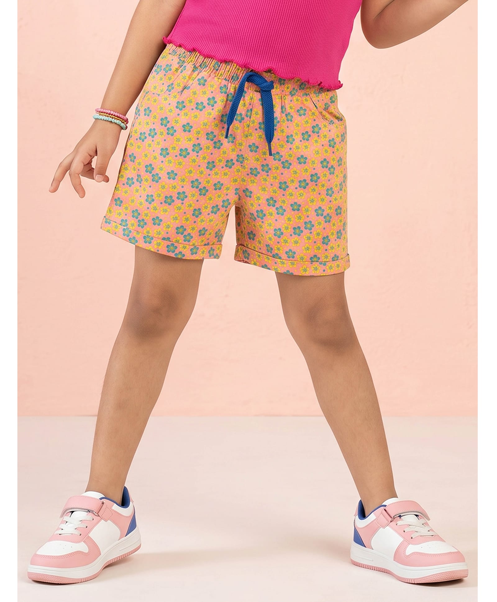 Kiddopanti Cotton Lycra Woven Floral Printed Shorts - Pink-picture-21