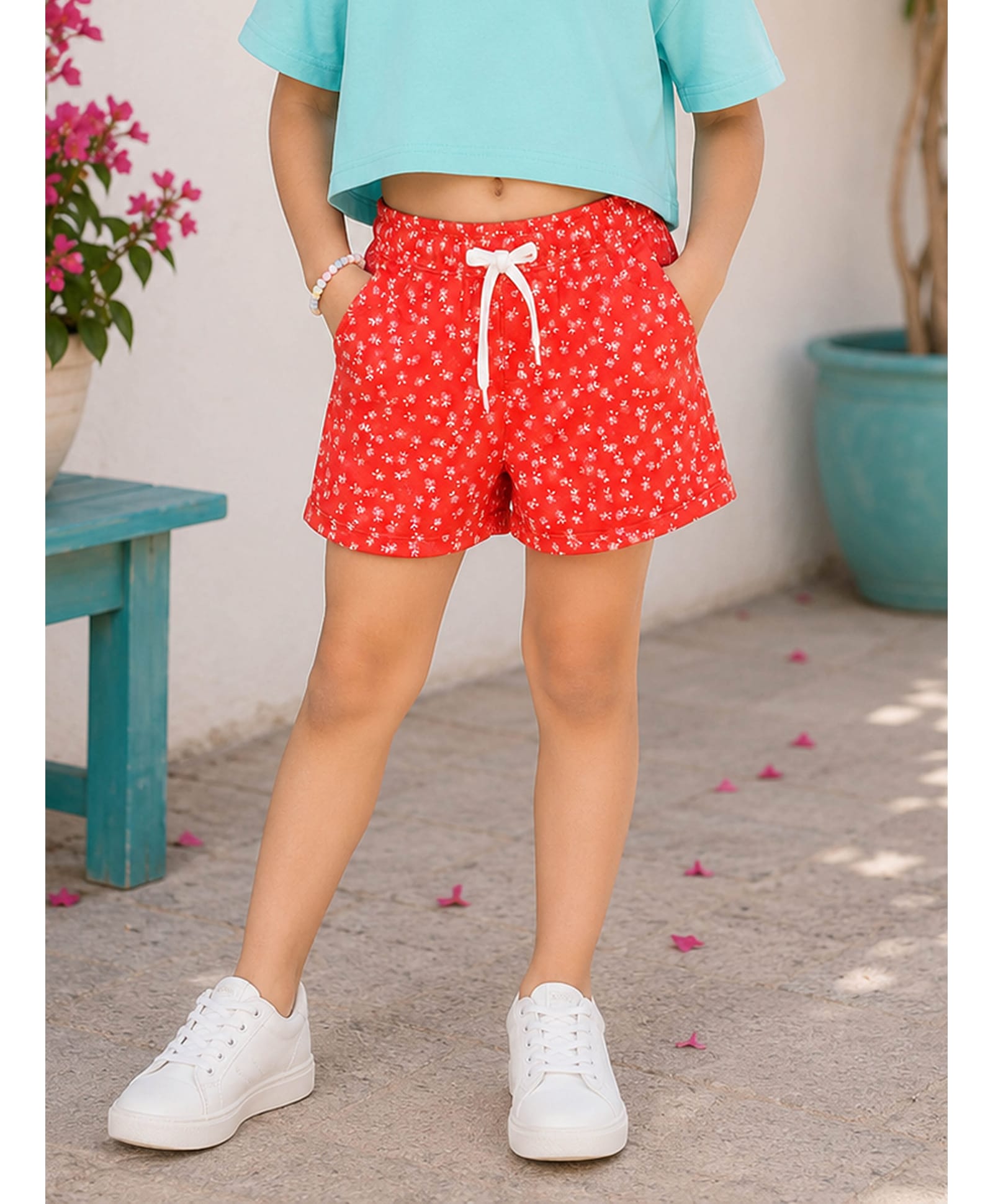 Kiddopanti Cotton Lycra Woven Floral Printed Shorts - Red-picture-24