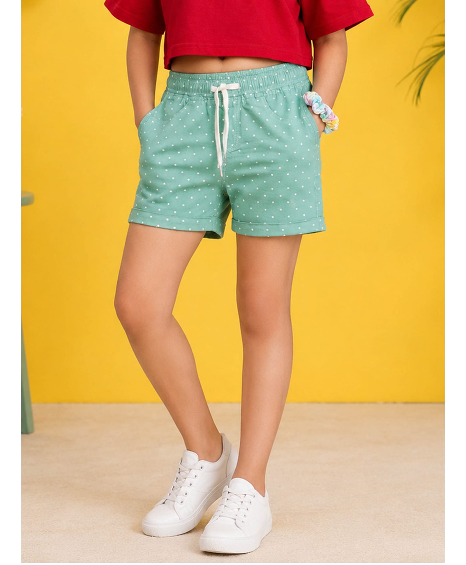 Kiddopanti Cotton Lycra Woven Polka Dots Printed Shorts - Pista Green-picture-23