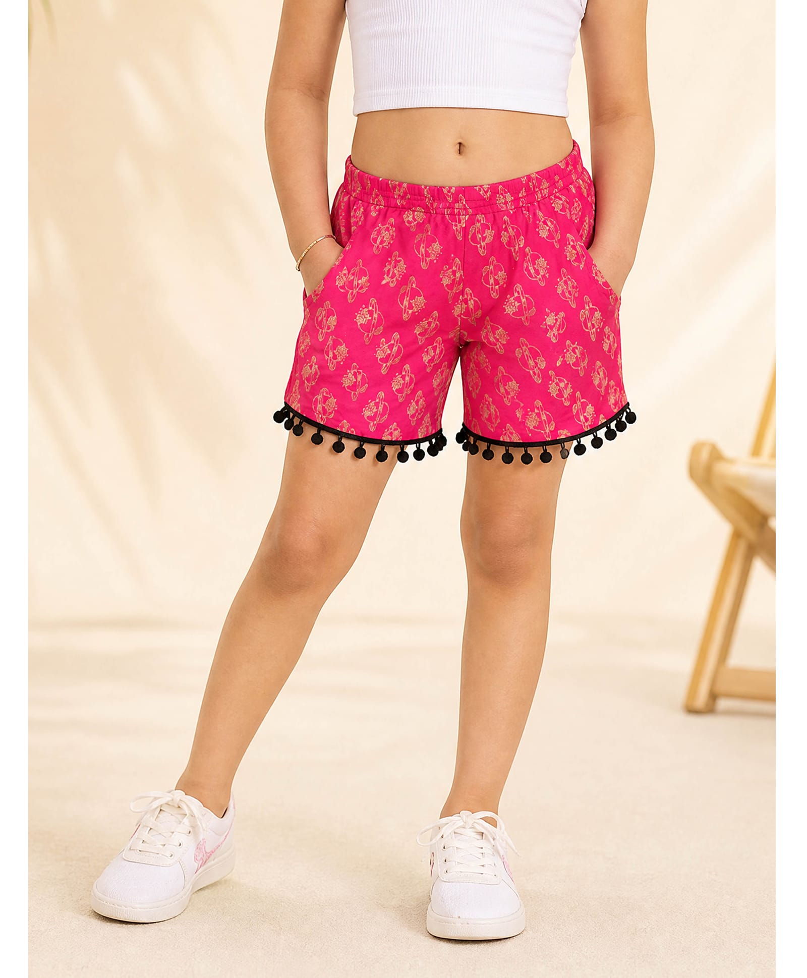 Kiddopanti Rayon Woven Pom Pom Applique Detailed Planet Printed Shorts - Hot Pink-picture-20