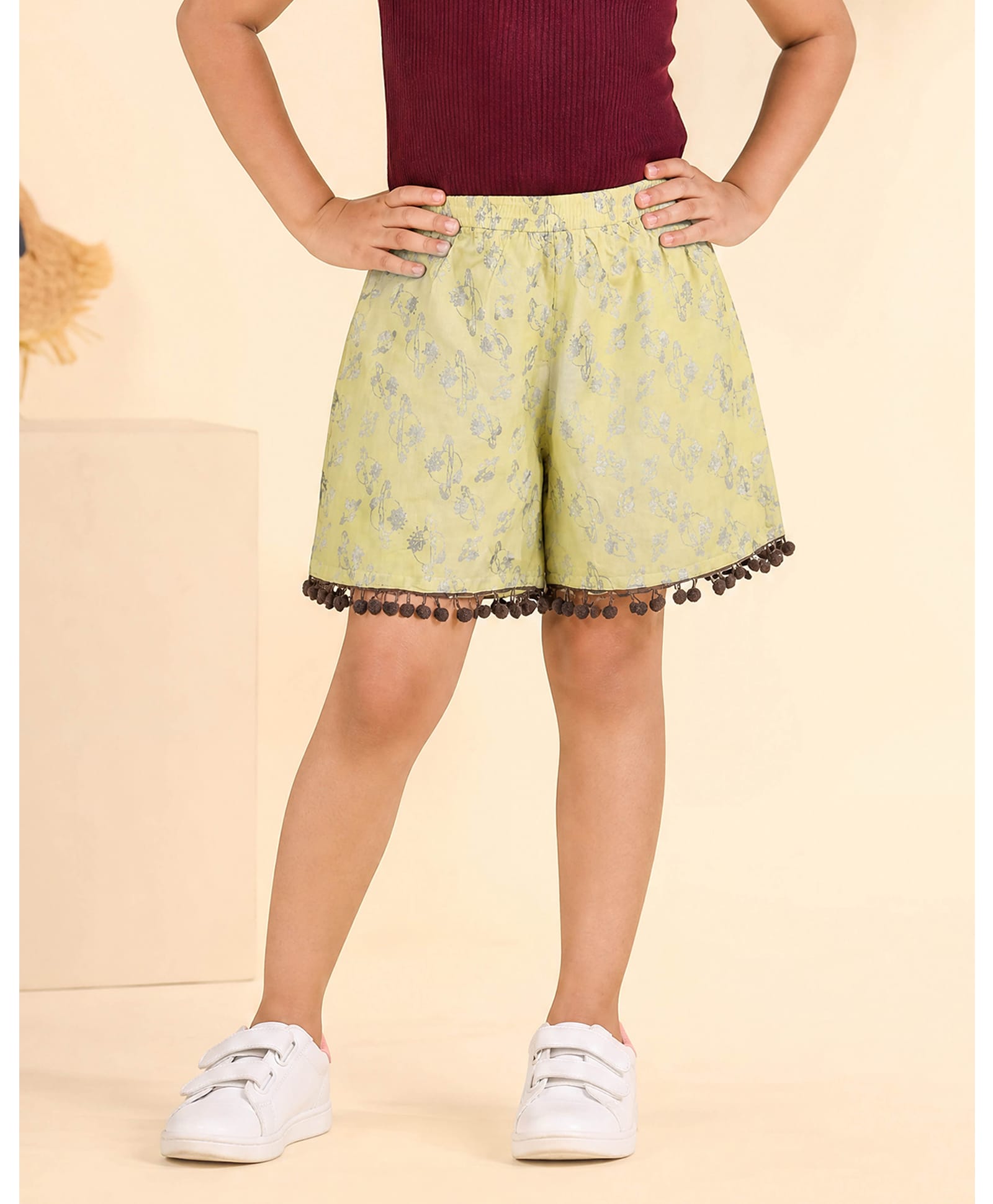 Kiddopanti Rayon Woven Pom Pom Applique Detailed Planet Printed Shorts - Lime Yellow-picture-20