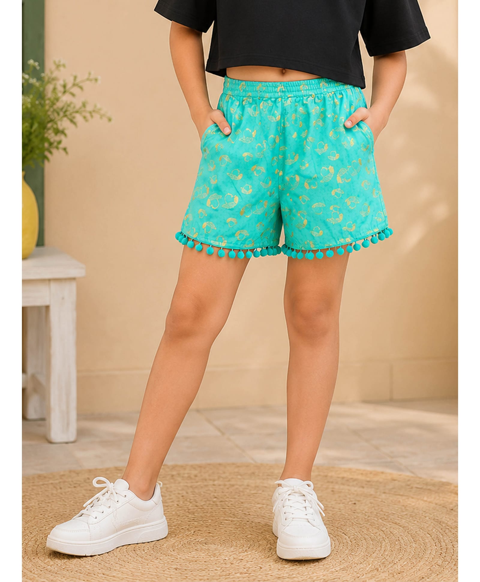 Kiddopanti Rayon Woven Pom Pom Applique Detailed Heart Printed Shorts - Blue-picture-25