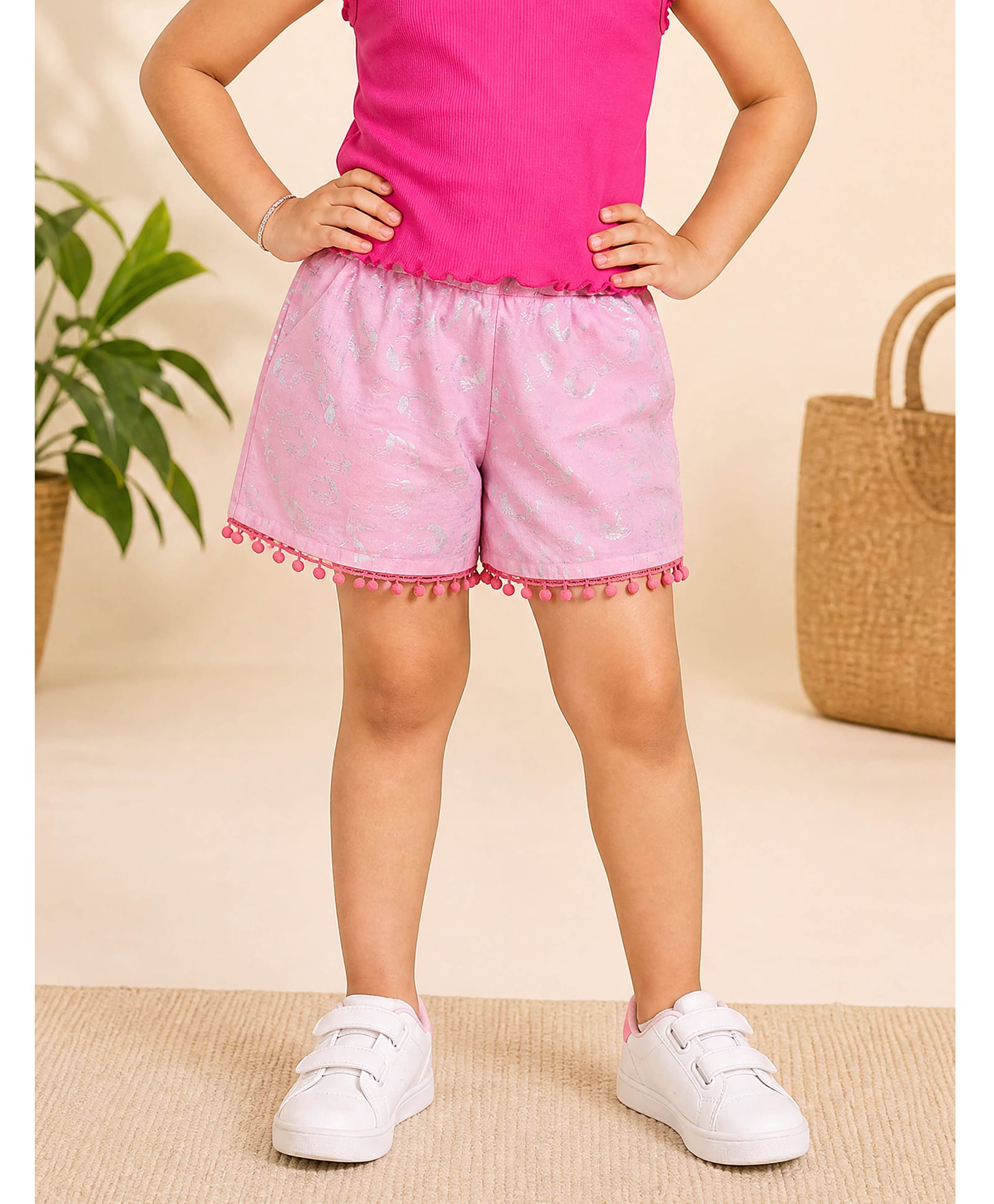 Kiddopanti Rayon Woven Pom Pom Applique Detailed Heart Printed Shorts - Baby Pink-picture-27