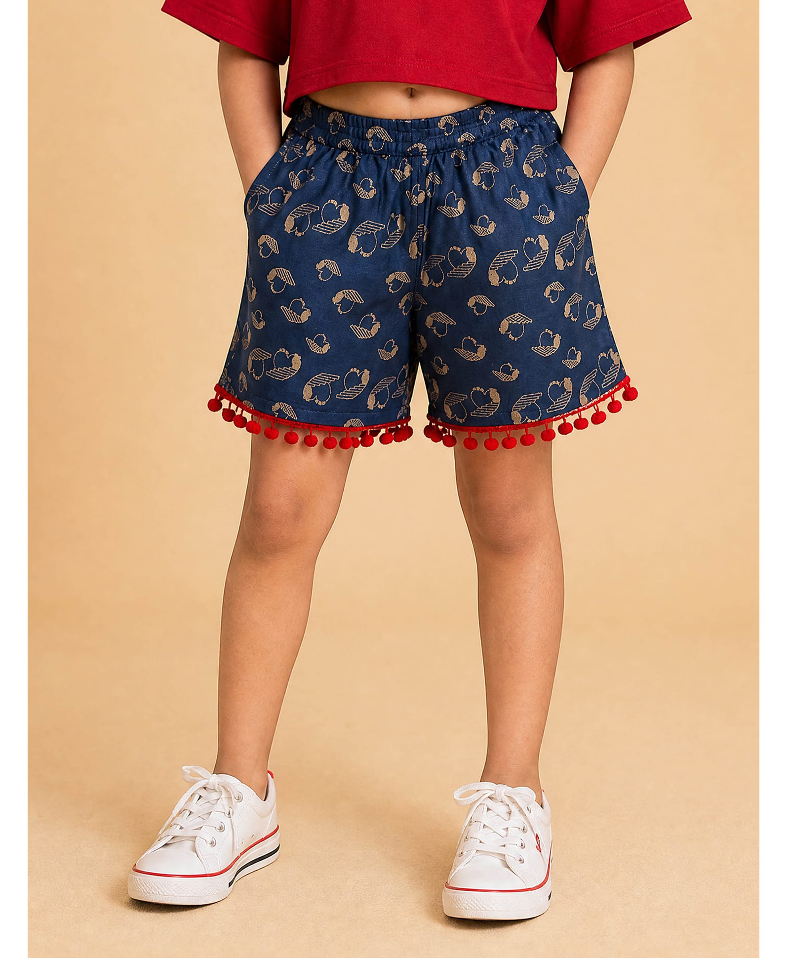 Kiddopanti Rayon Woven Pom Pom Applique Detailed Heart Printed Shorts - Navy Blue-picture-22