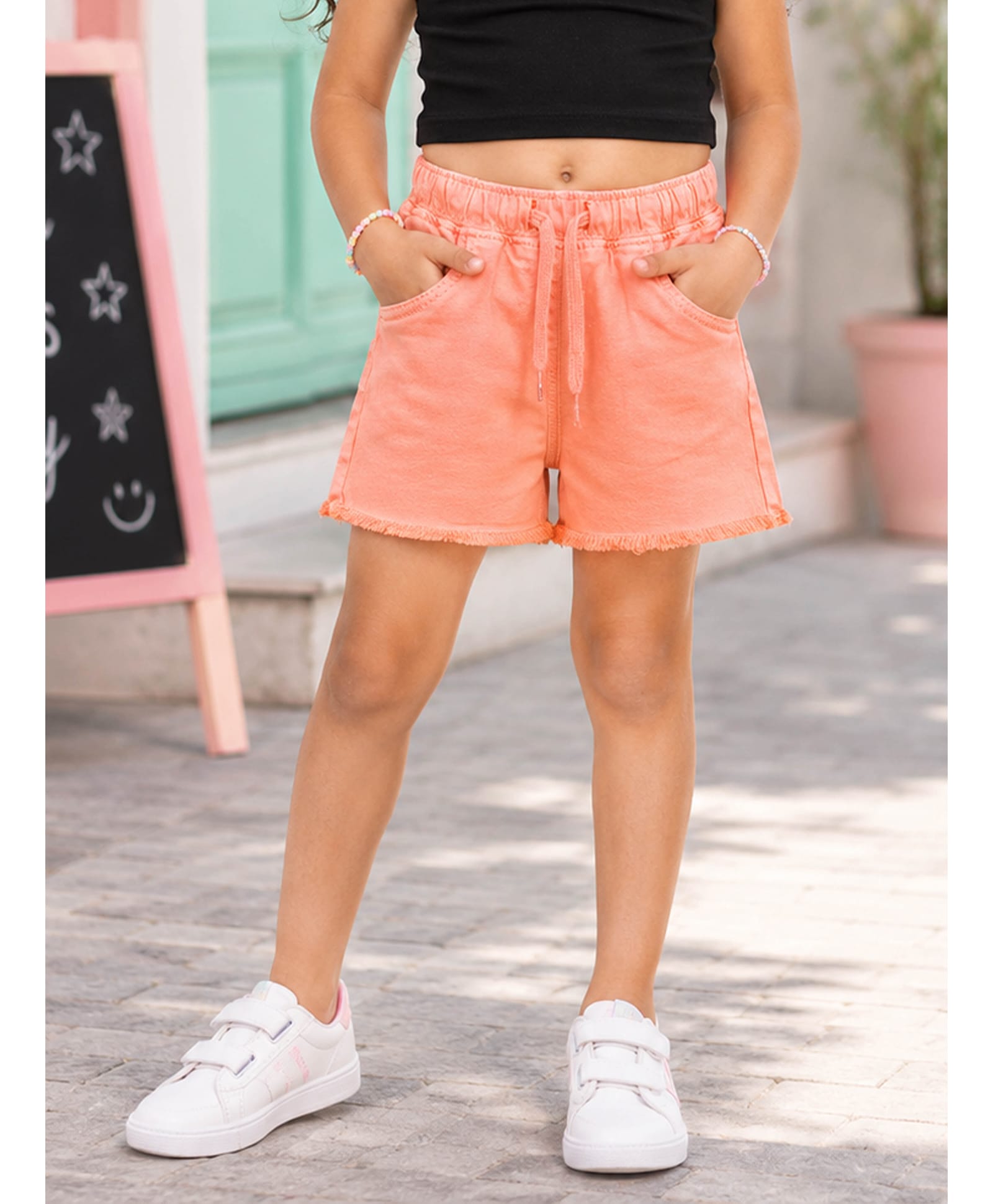 Kiddopanti Denim Woven Solid Shorts - Peach-picture-25